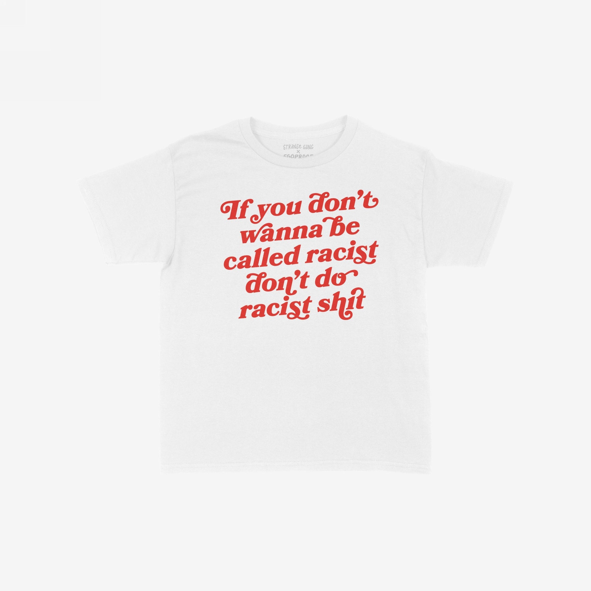 Anti-Racist Women's Baby Tee EU features bold red text urging against racism, embodying a fierce, retro style. This cropped tee delivers a powerful message, perfect for making a statement.