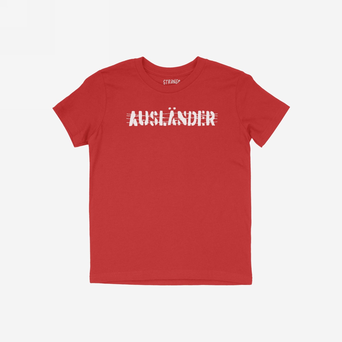 Ausländer T-shirt features a red, short-sleeved design with a distressed white graphic of the word “AUSLÄNDER” crossed out, symbolizing defiance and empowerment for those challenging exclusion and dehumanization.
