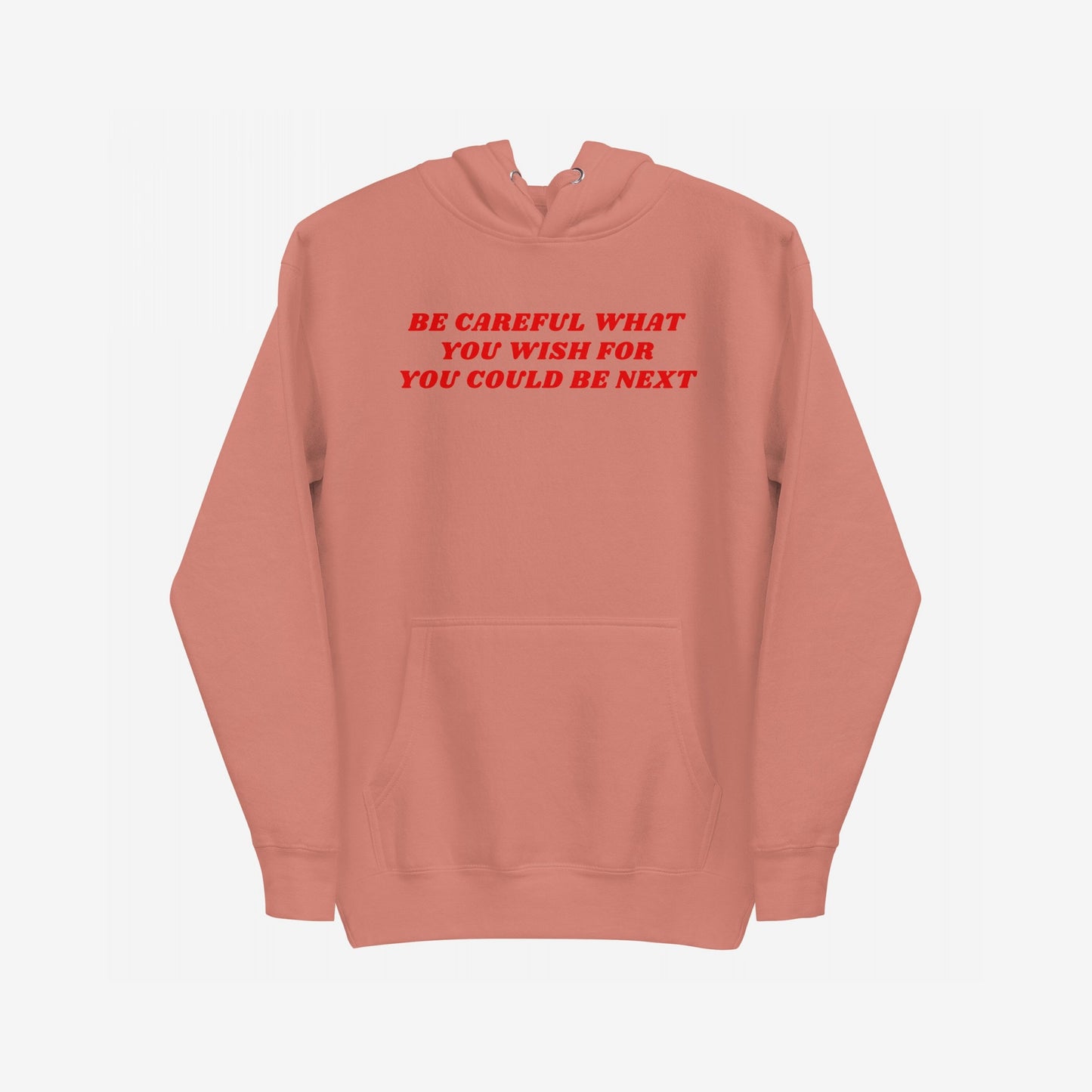 Be Careful Hoodie features bold red text warning against authoritarianism. Muted terracotta, with kangaroo pocket and drawstrings, embodies modern rebellion and challenges societal norms.