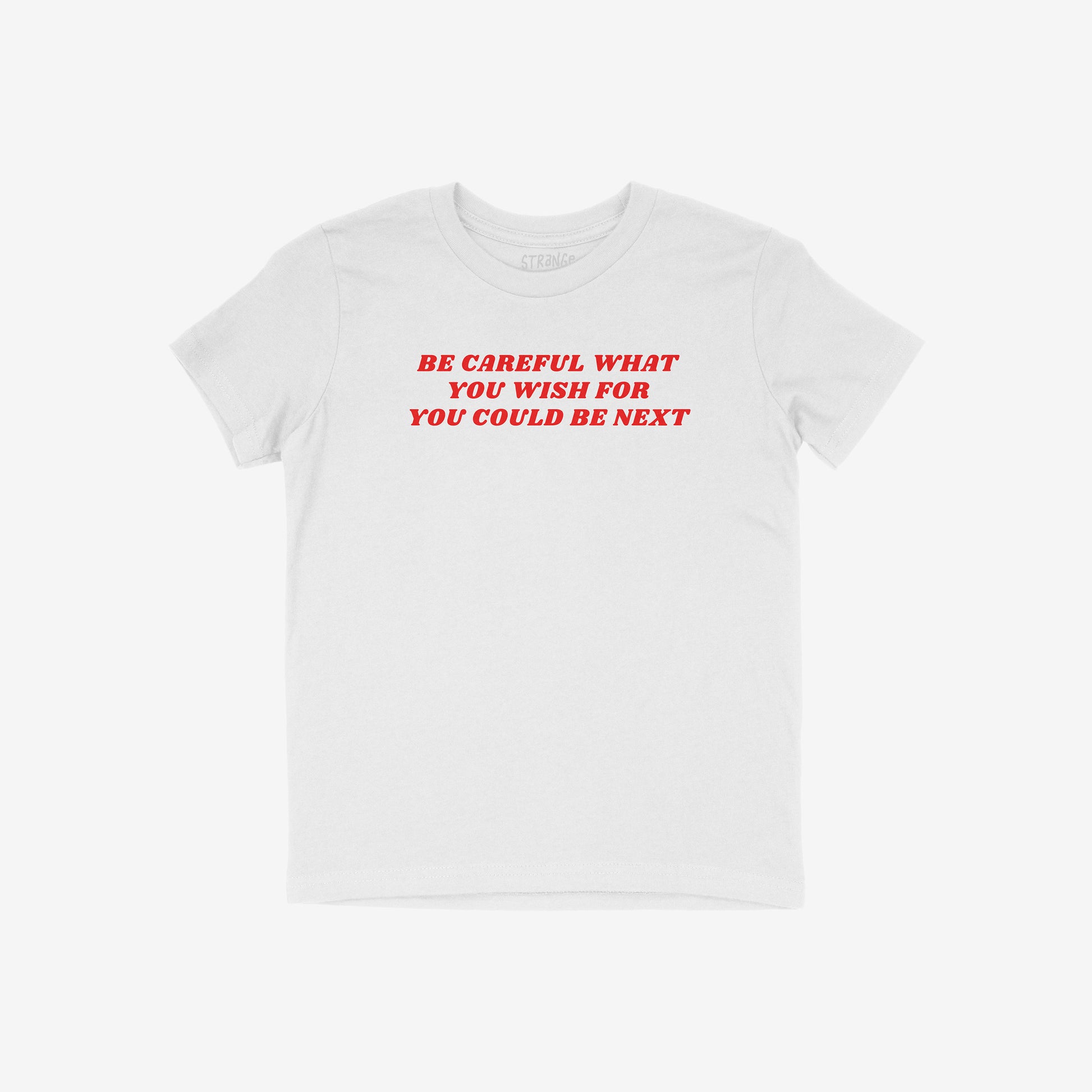Be Careful Shirt featuring a bold red slogan, 'Be careful what you wish for – You could be next', offering a striking statement against authoritarianism, perfectly aligning with messages of equality and resistance.