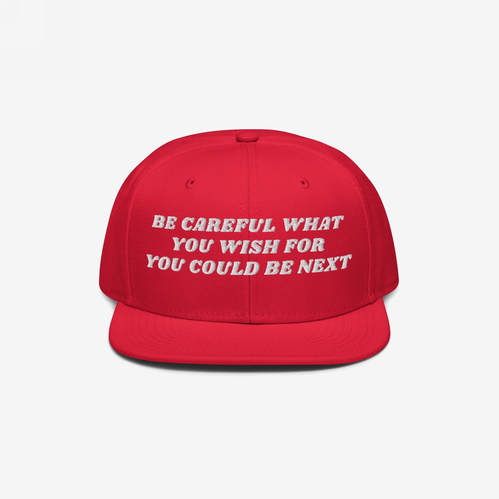 Be Careful Hat featuring bold white embroidery on a red snapback, delivering a political message for anti-fascist activism. Ideal for protests or daily wear while supporting the ACLU.