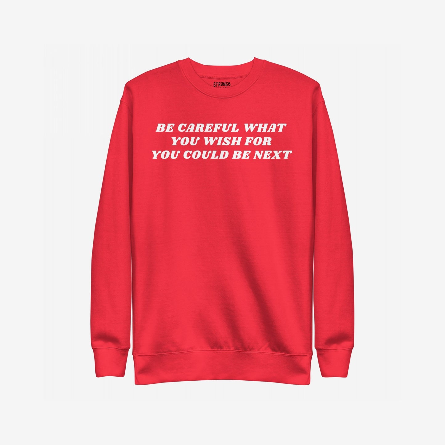 Be Careful Hoodie & Sweatshirt features bold white text on a red crew-neck design, delivering a rebellious message challenging authoritarianism and promoting equality, reflecting a strong stand against fearmongering.