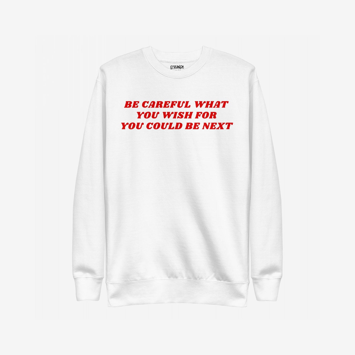 Be Careful Hoodie & Sweatshirt features bold red lettering on a white backdrop, delivering a rebellious message against authoritarianism. The design embodies modern resistance with a Y2K aesthetic.