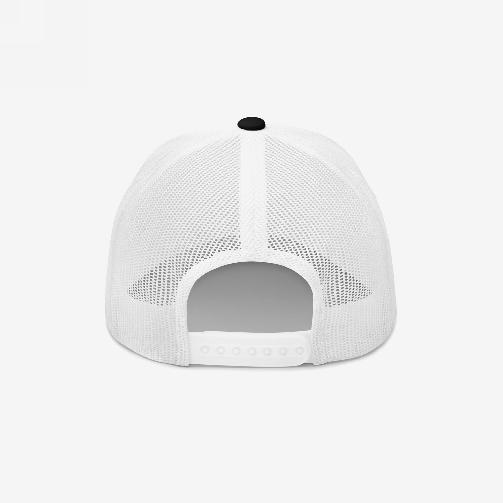 Rear view of the Be Careful Hat, a white mesh trucker cap with a plastic snap-back closure, embodying a bold political message ideal for progressive activists and anti-fascists.