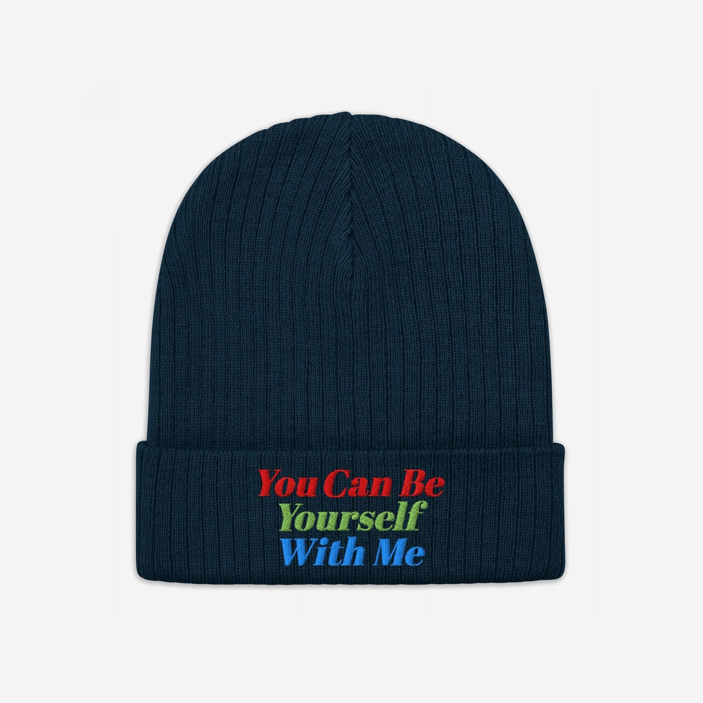 Navy blue beanie hat with multicolored "You Can Be Yourself With Me" text embroidery, featuring the Be Yourself Hat design.