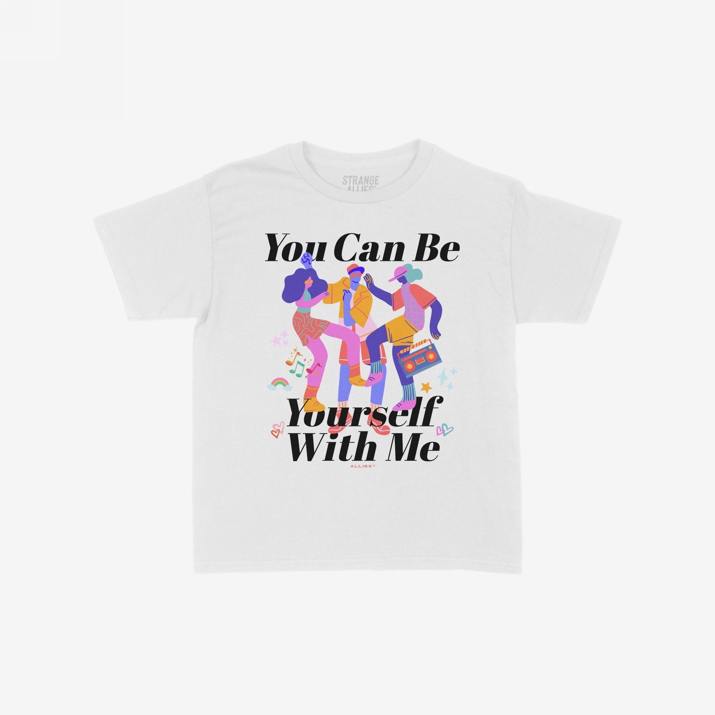 The Be Yourself T-shirt features a bold graphic with dancing figures and a boombox, surrounded by joyful symbols, promoting authenticity and inclusivity with the slogans “You Can Be” and “Yourself With Me.”
