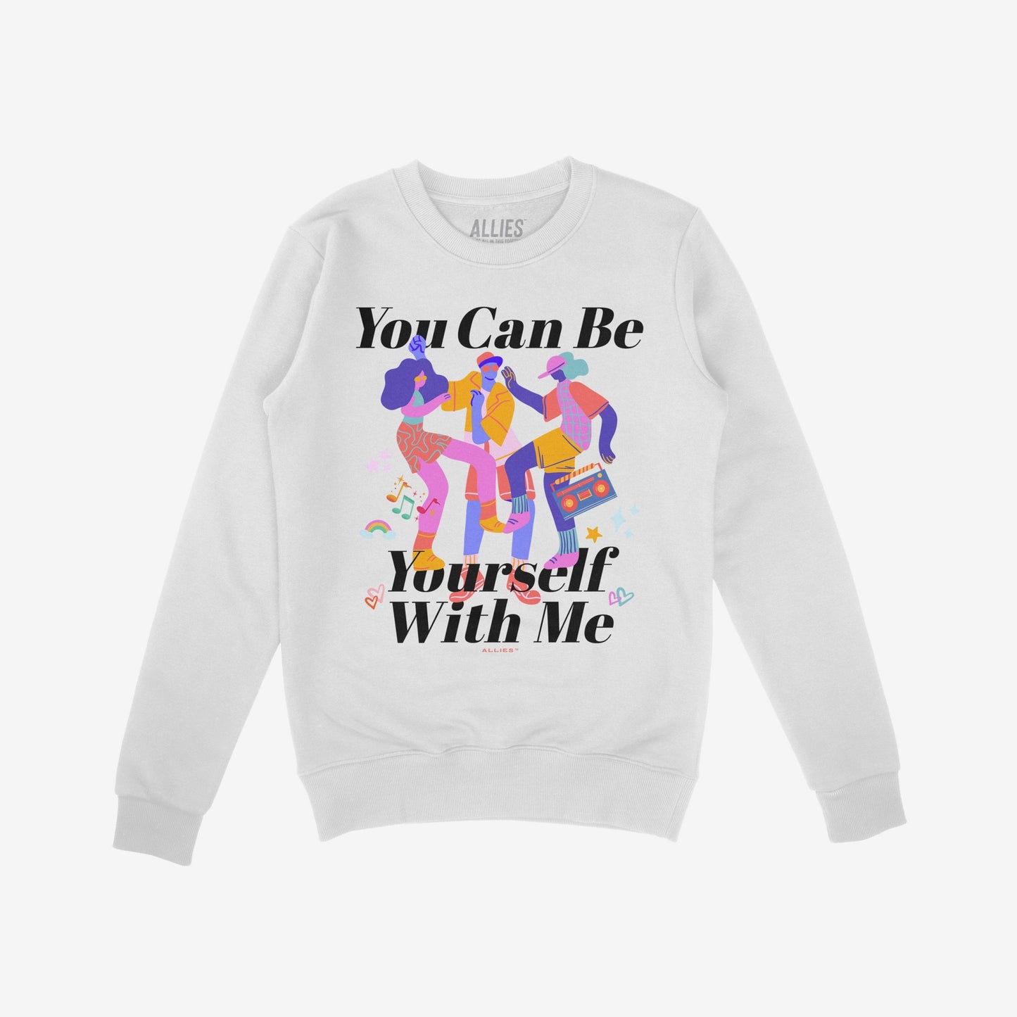 Be Yourself Shirt: A white crewneck sweatshirt featuring vibrant art of dancing figures with a boombox, music notes, and the slogan You Can Be Yourself With Me, supporting The Trevor Project.