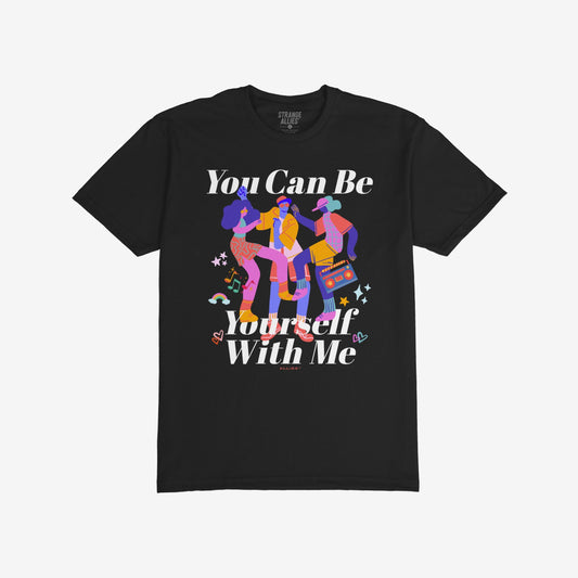 Be Yourself T-shirt featuring neon-toned dancers, musical notes, and a supportive slogan, You Can Be Yourself With Me, embodying an inclusive, expressive ethos.