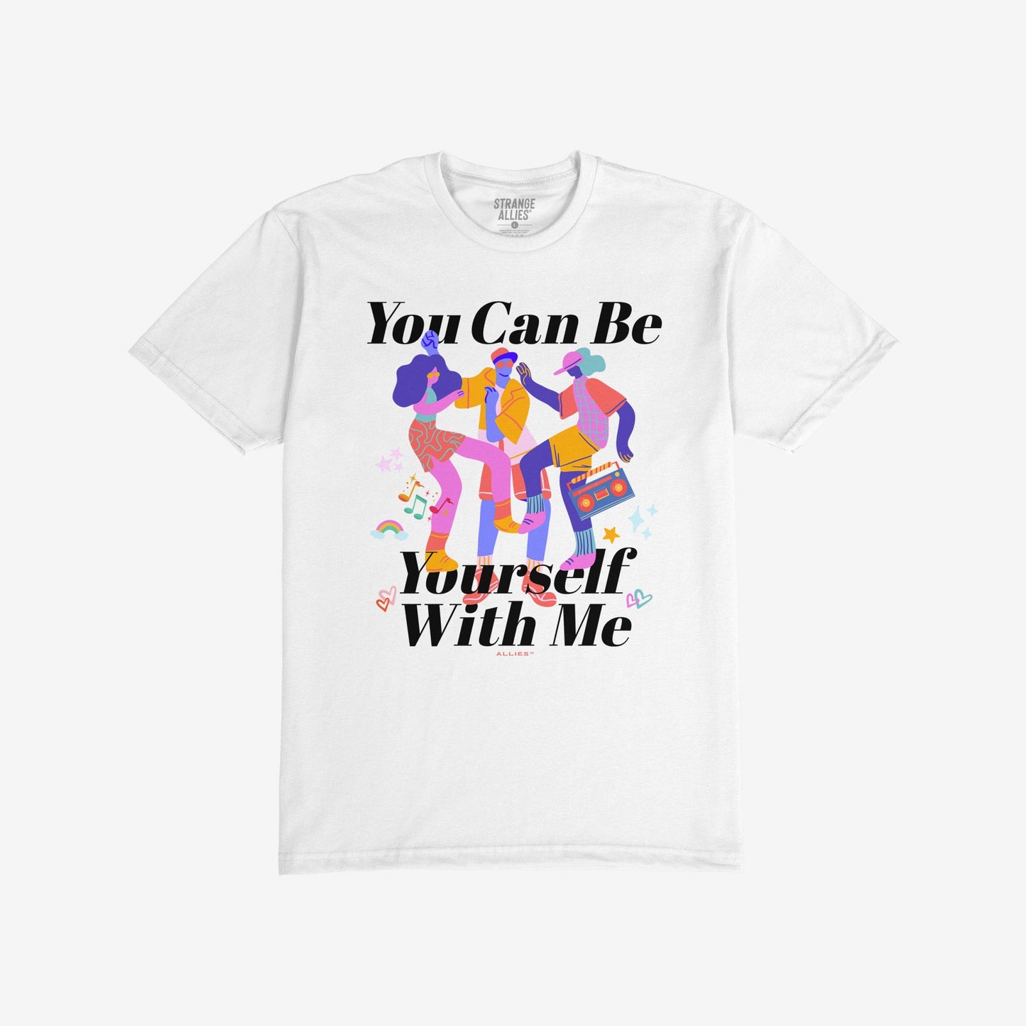 The Be Yourself T-shirt features three dancing figures with a boombox, surrounded by musical notes, hearts, and stars, and bold text promoting self-expression and inclusivity.