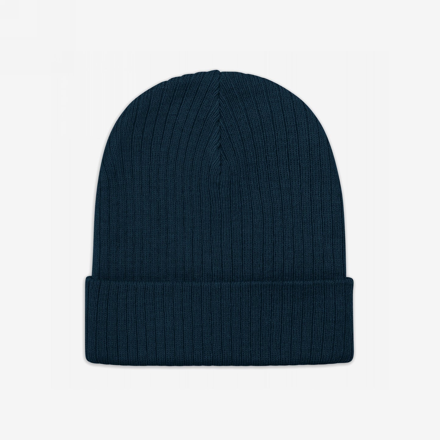 Knit Beanie In Custom Colors: A dark-blue, ribbed knit beanie with a cuffed style, designed for warmth and comfort. Ideal for showcasing bold political designs, made from soft, durable recycled polyester.