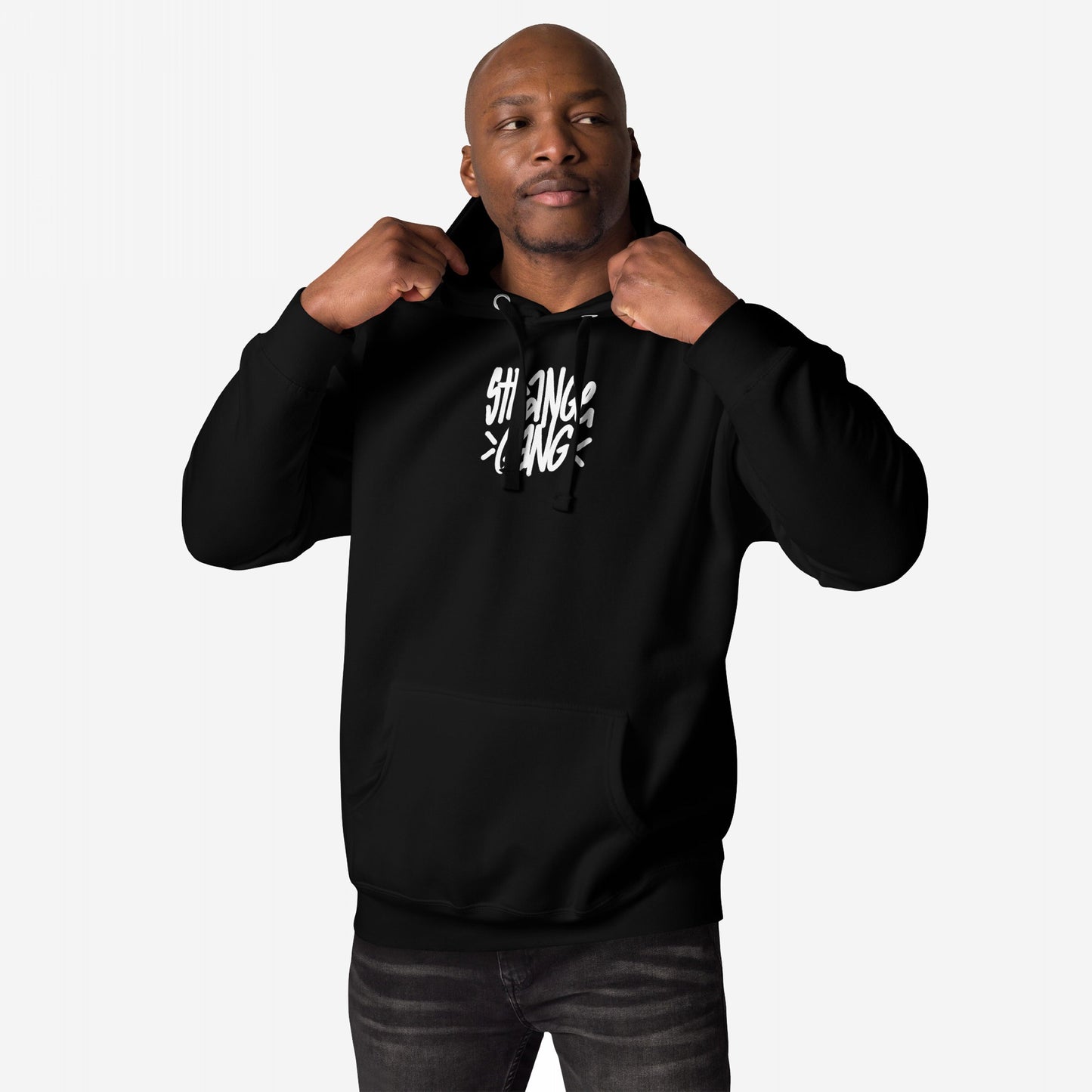 Born To Fight Against Fascism Graffiti Hoodie featuring STRANGE GANG graphic, modeled with adjustable drawstrings, combines casual style with a bold message of defiance, perfect for those embracing rebellion and resistance.