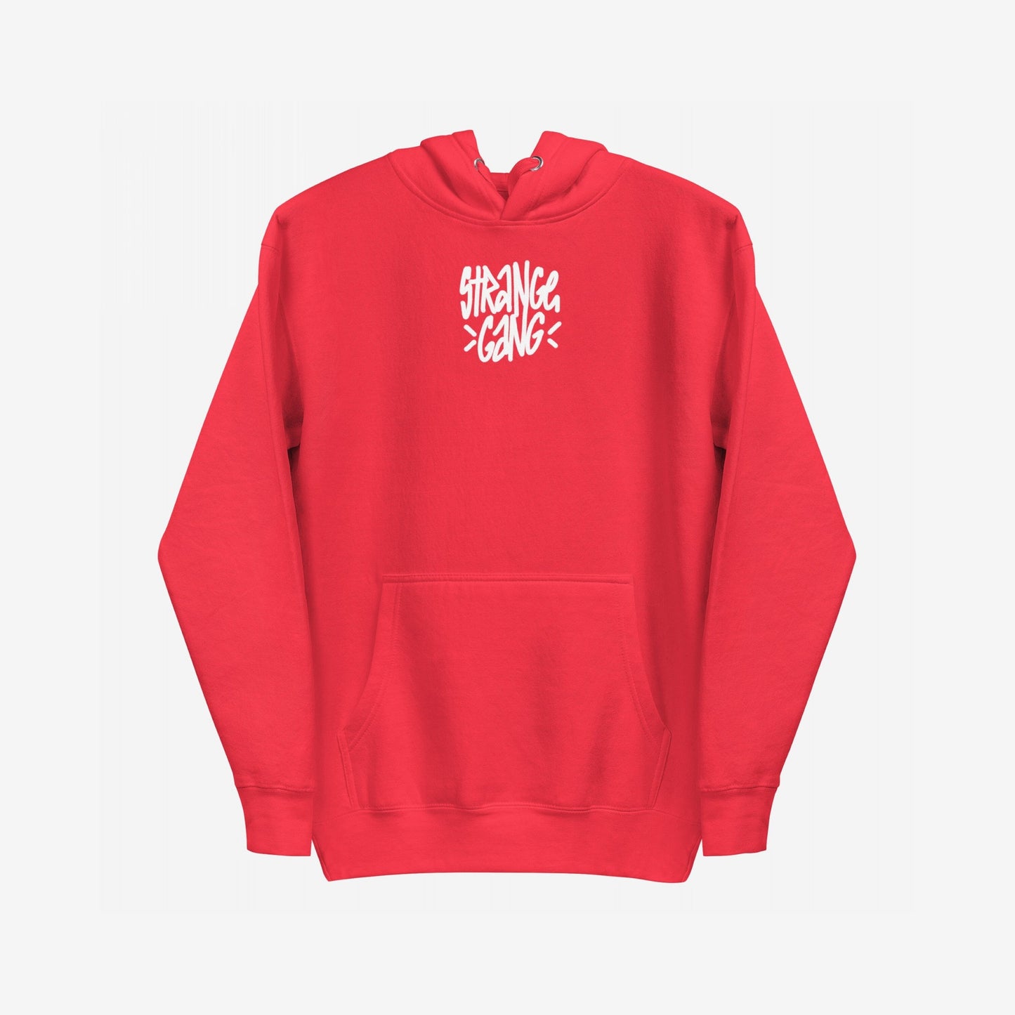 Born To Fight Against Fascism Graffiti Hoodie features a bold STRANGE GANG graphic on a plain red pullover with a kangaroo pocket and drawstring hood, embodying defiant, rebellious style.
