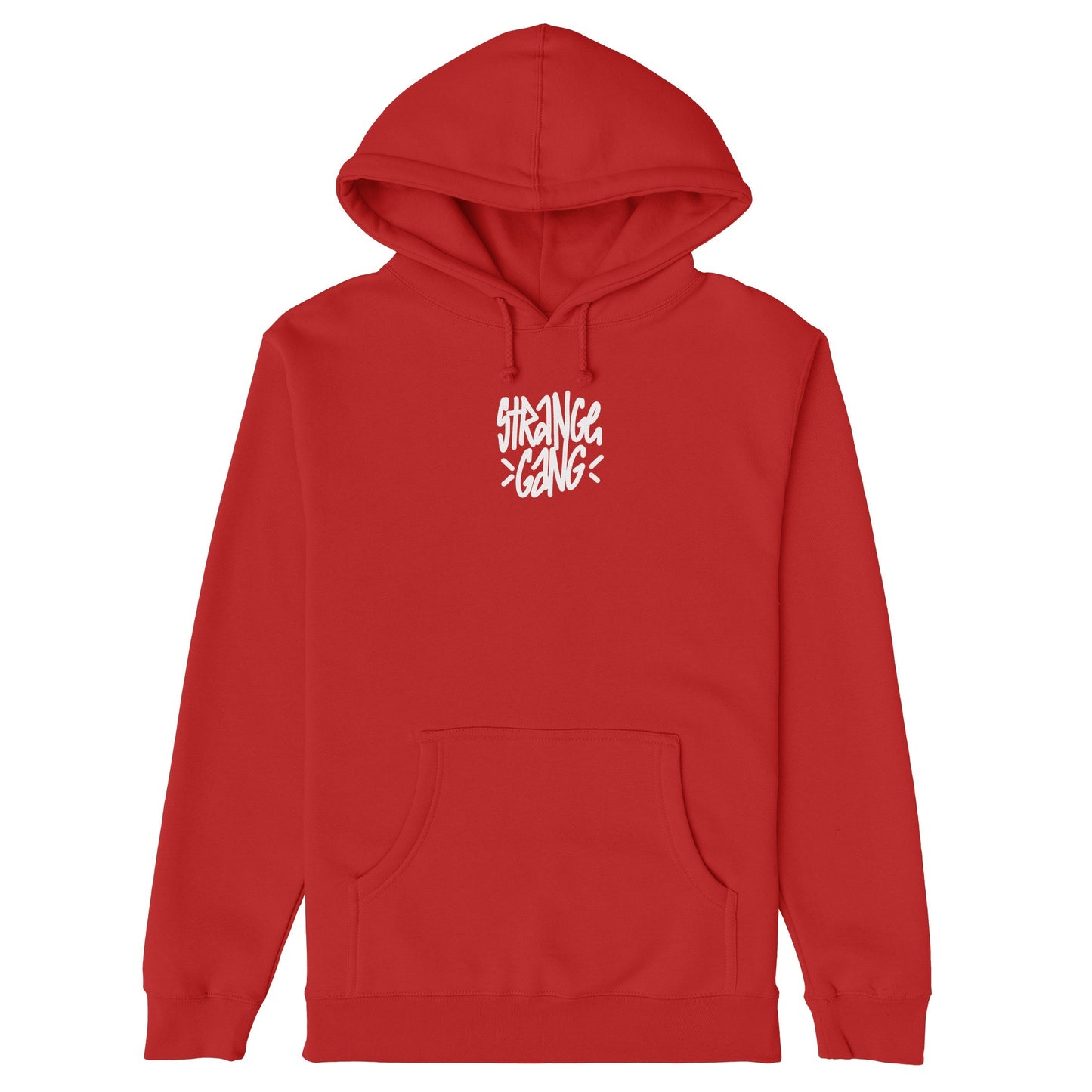Born To Fight Against Fascism Graffiti Hoodie features a bold STRANGE GANG graphic on a plain red pullover with a kangaroo pocket and drawstring hood, embodying defiant, rebellious style.