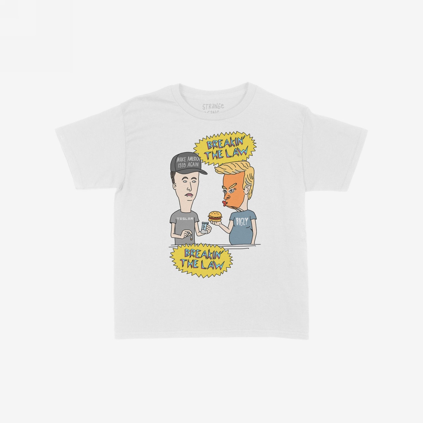 Breakin' The Law Women's Baby Tee features a satirical cartoon of a lanky man offering items to a Trump-like figure, both labeled with humorous titles, under comic-style BREAKIN’ THE LAW captions.