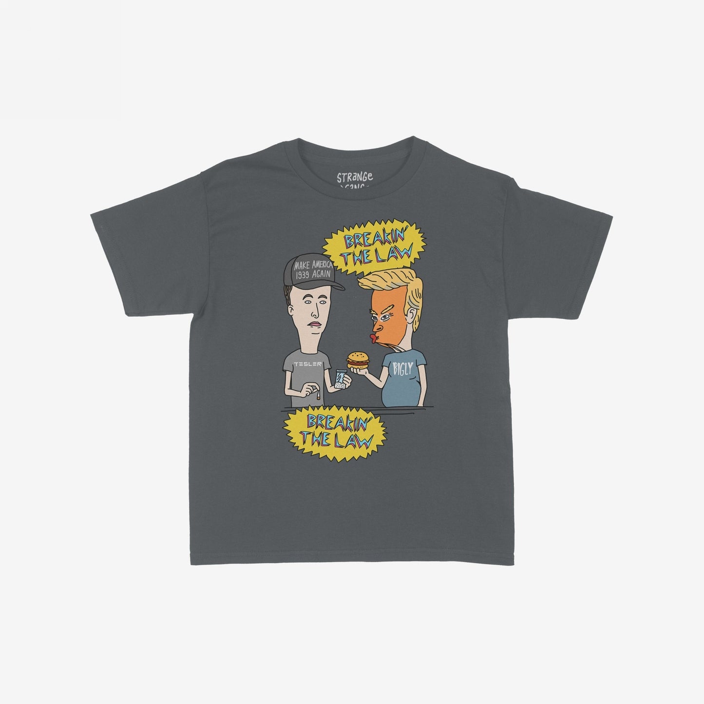 Breakin' The Law T-shirt features a cartoon print of a young man with TESLA tee and MAKE AMERICA 1939 AGAIN cap, alongside a Trump-like figure with BIGLY shirt and cheeseburger.