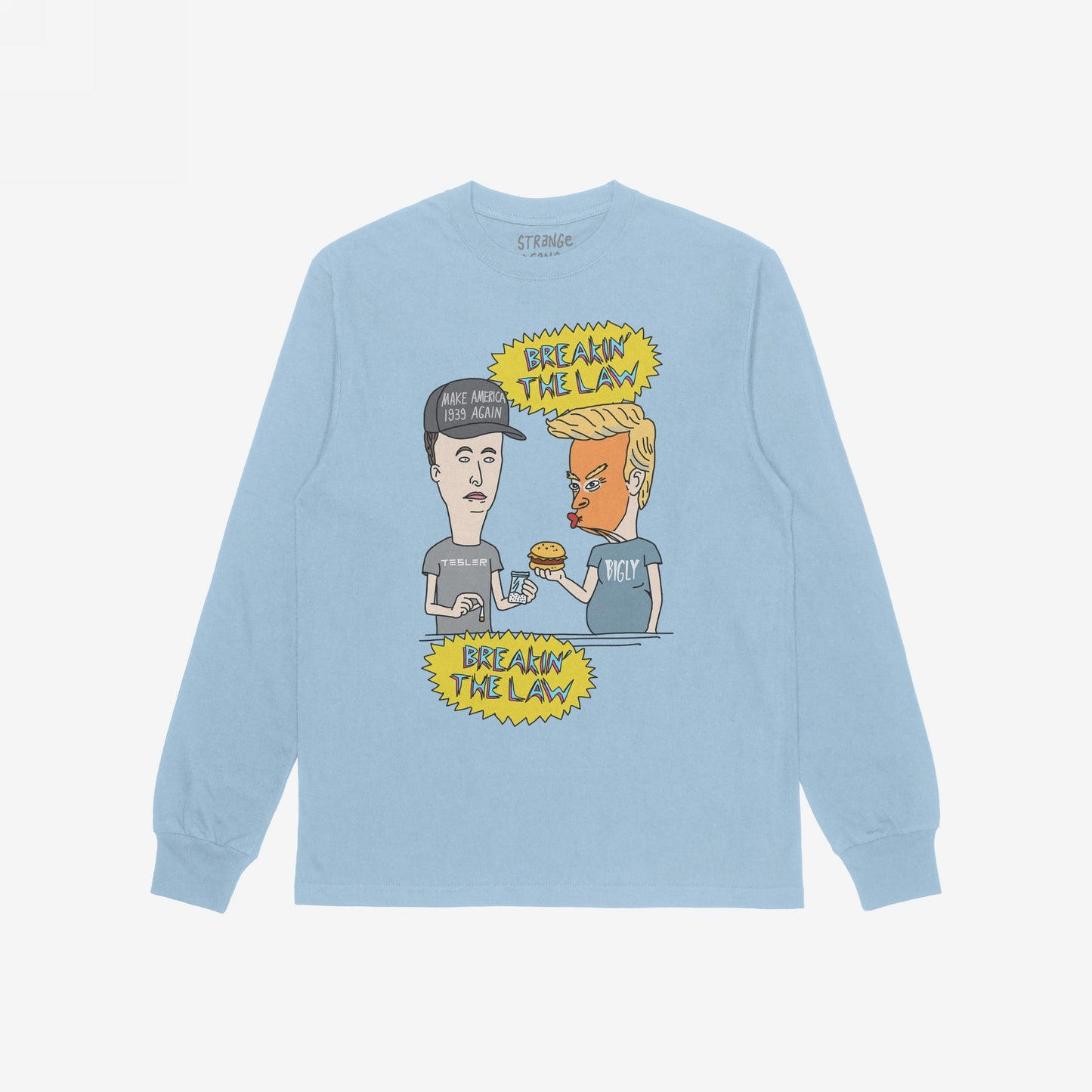 Breakin' The Law T-shirt featuring satirical cartoon of two characters at a counter with speech bubbles, poking fun at Trump and Elon, embodying rebellious, hand-drawn '90s animation style.
