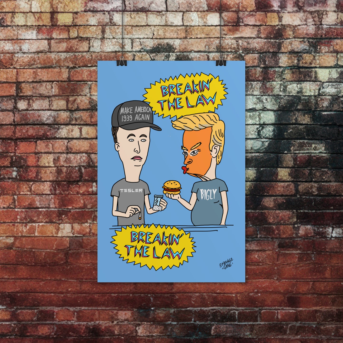 Breakin' The Law Poster: A cartoon parody shows caricatures of Trump holding a hamburger and Elon with a joint and bag, satirizing MAGA, tech, and fascism. Printed on quality paper.