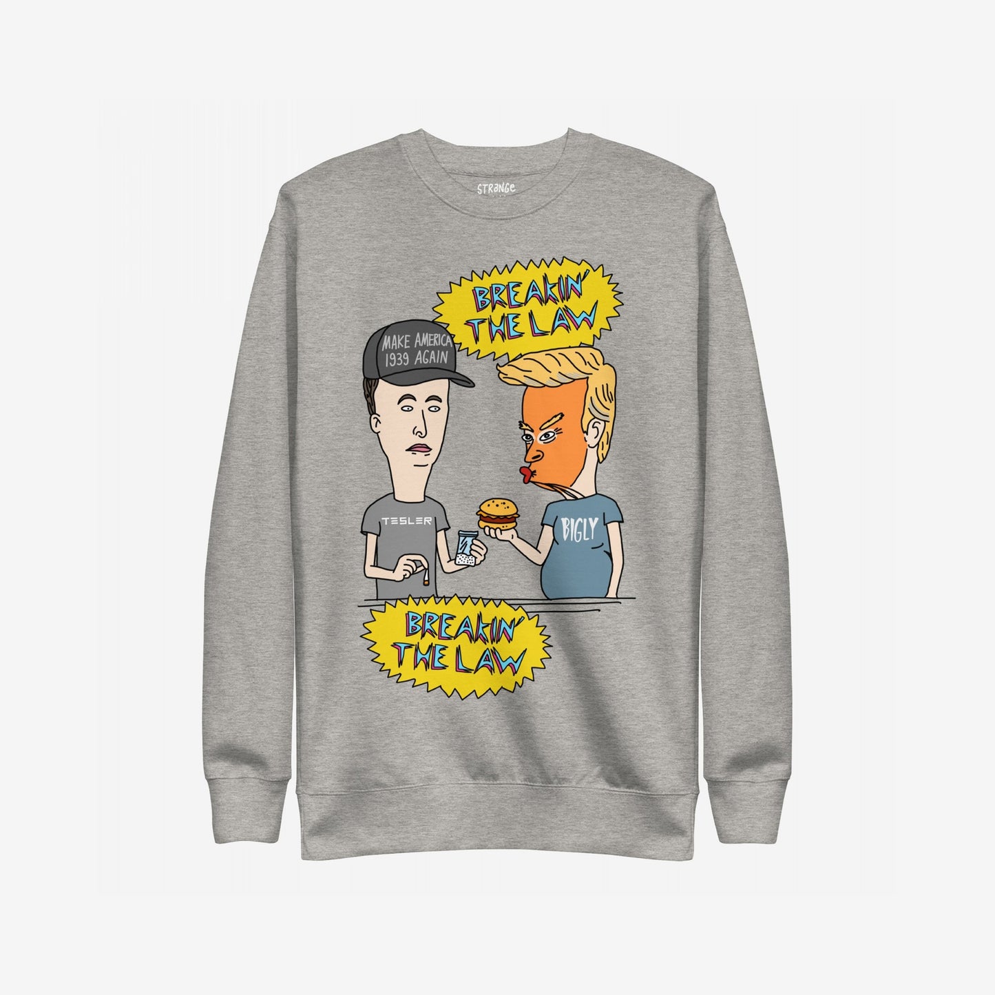Breakin' The Law Sweatshirt features a satirical cartoon with Trump and Musk-inspired characters, humorously critiquing political figures. Ideal for those challenging authority with bold, rebellious style.