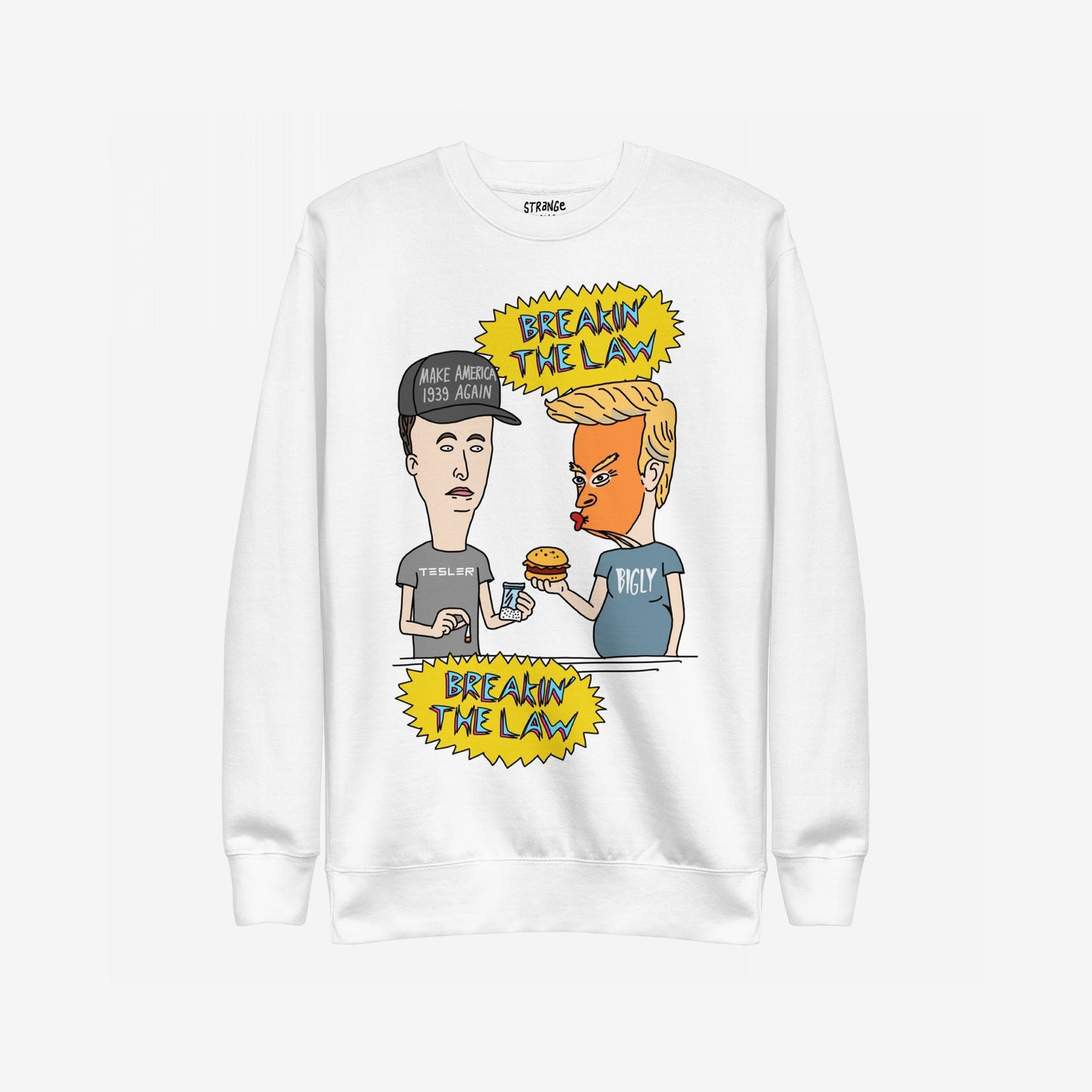 Breakin' The Law Sweatshirt features a comic-style scene with caricatures trading a burger for pills, parodying Trump and Elon in a rebellious, anti-elitist art style.