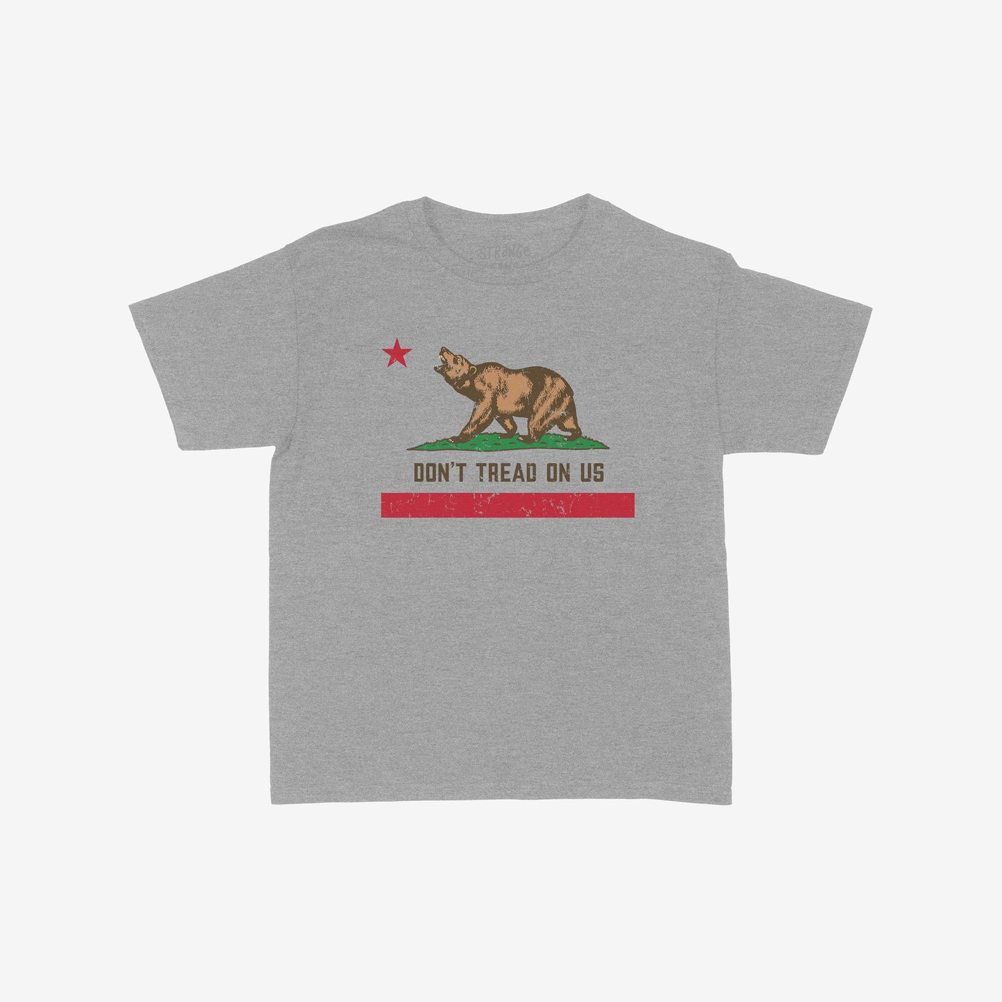 California Gadsden Flag Women's Baby Tee featuring a stylized bear flag with Don’t Tread on Us beneath, symbolizing resistance. Perfect for bold statements against oppression and support for equality.