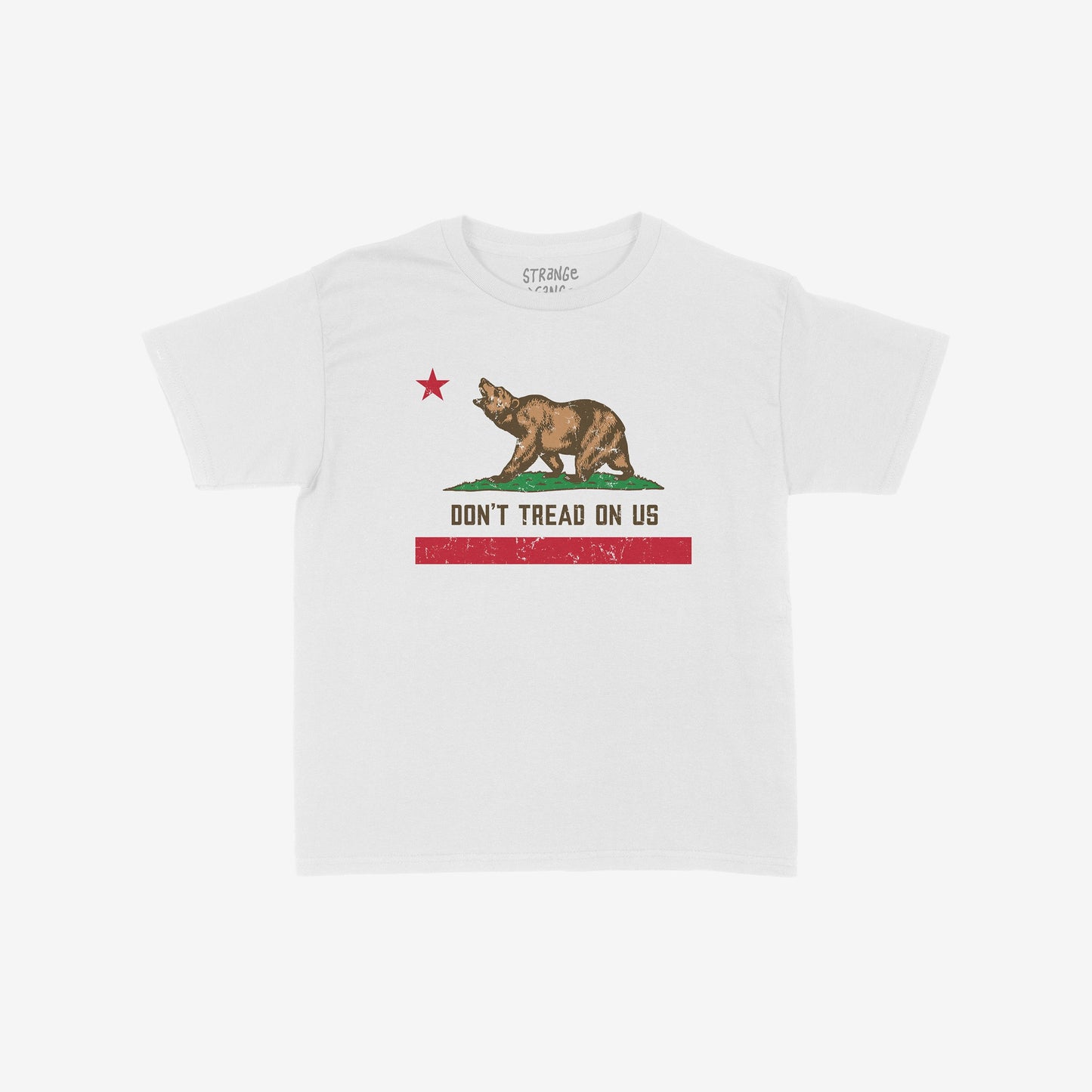 California Gadsden Flag Women's Baby Tee features a reimagined state flag with a grizzly bear, red star, and DON’T TREAD ON US slogan, conveying resistance and pride.