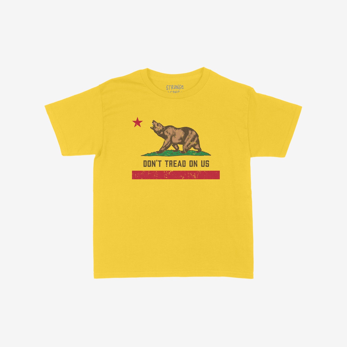 California Gadsden Flag Women's Baby Tee displays a stylized bear with a red star and DON'T TREAD ON US slogan, embodying resistance and state pride in a bold, cropped design.