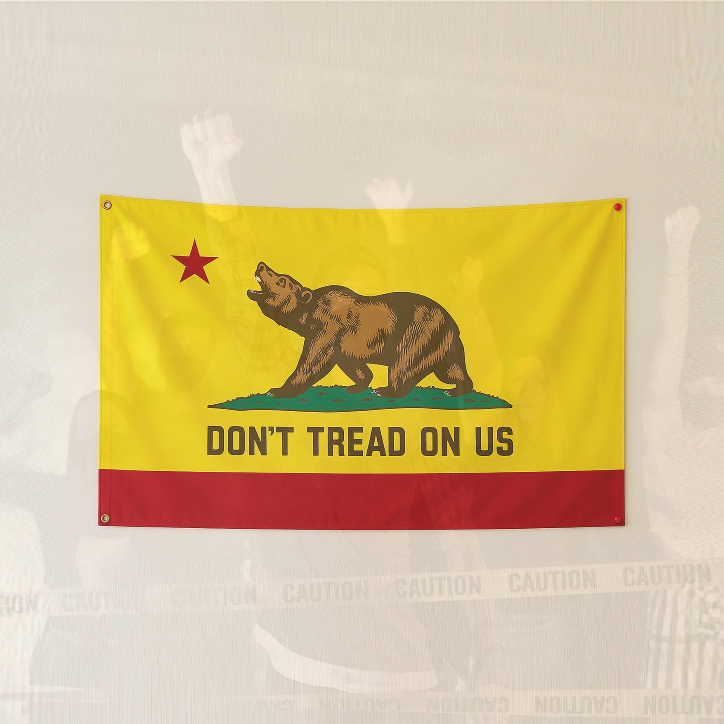 California Gadsden Flag: A vibrant banner featuring a bear on grass with DON'T TREAD ON US slogan, symbolizing resistance and California pride. Ideal for protests, rallies, and conveying defiance.