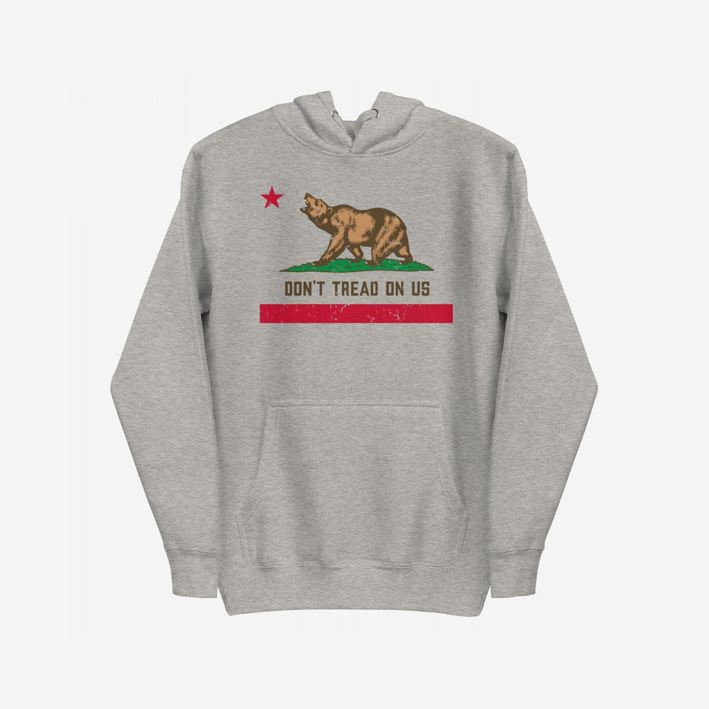 California Gadsden Flag Hoodie & Sweatshirt featuring a distressed California bear, red star, and the slogan “DON’T TREAD ON US,” showcasing anti-authoritarian spirit and radical resistance in a heather-gray pullover.