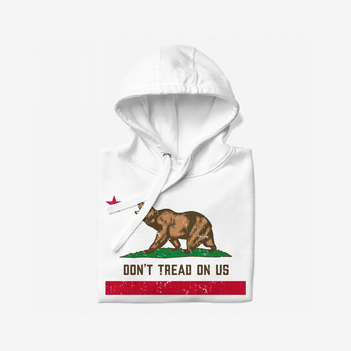 California Gadsden Flag Hoodie, featuring a brown bear on grass with DON'T TREAD ON US slogan below, embodies anti-authoritarian spirit and radical resistance with a partially visible red star above.