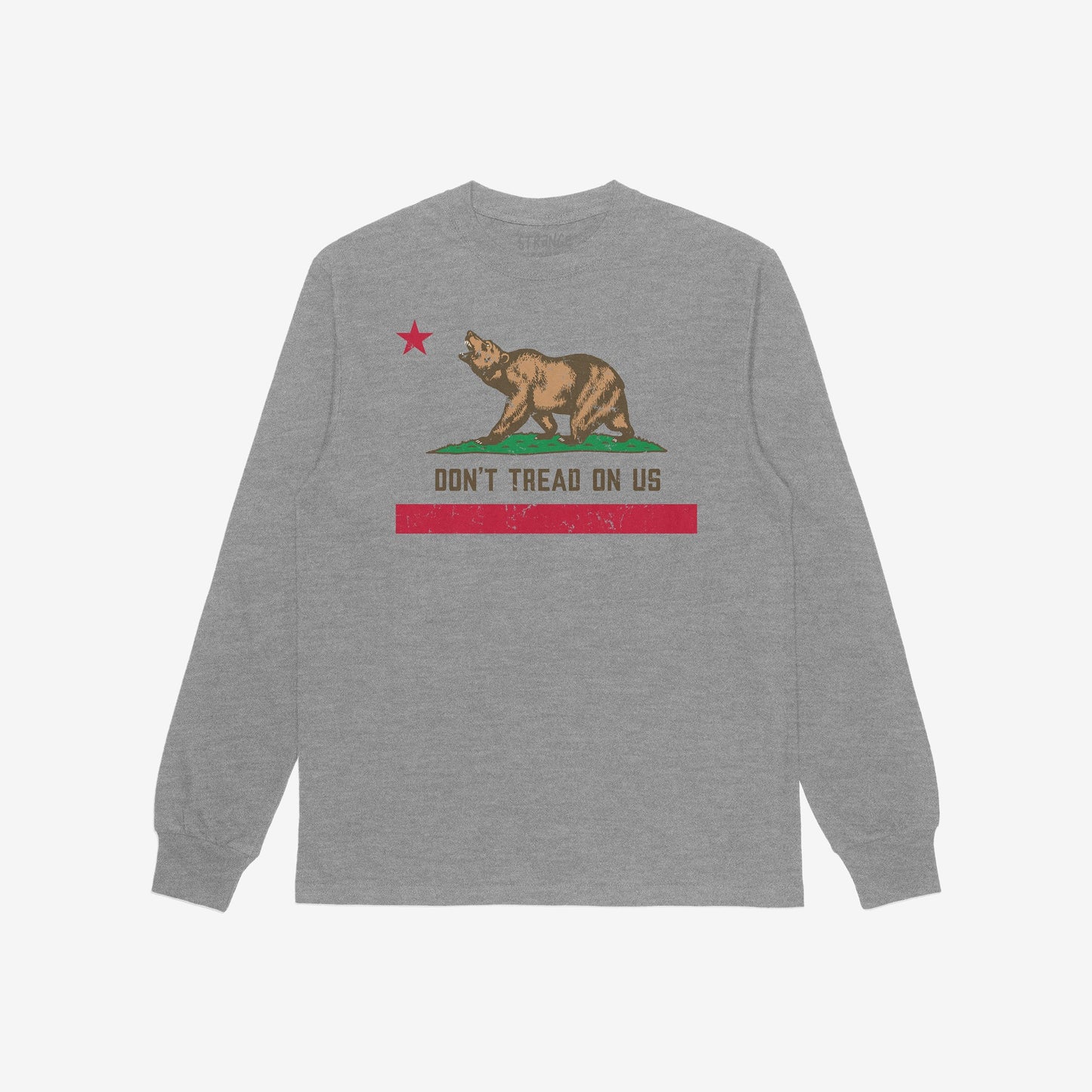 California Gadsden Flag T-shirt features a bold bear on grass, with DON’T TREAD ON US below, echoing California's flag design, symbolizing defiance and unity against oppression. Long-sleeve style.