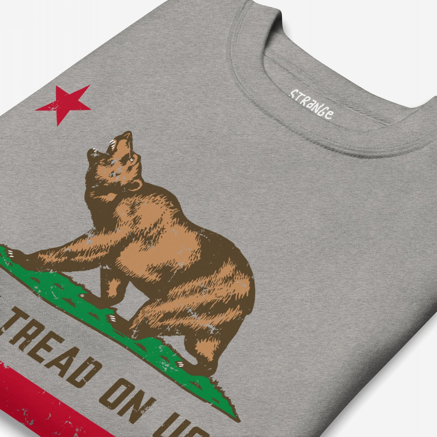 California Gadsden Flag Hoodie & Sweatshirt with a stylized California flag motif featuring a brown bear, red star, and TREAD ON US slogan, embodying a rebellious, anti-authoritarian message.