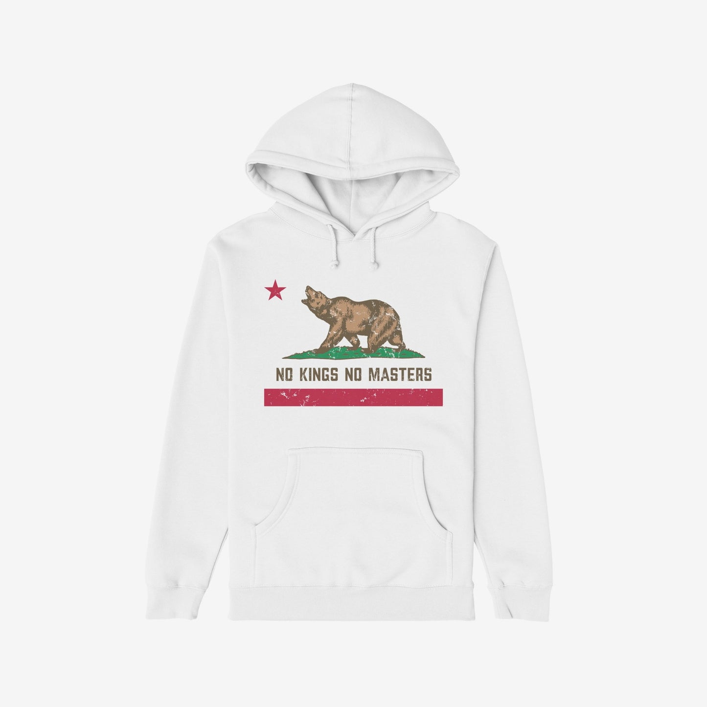 White hoodie featuring the California No Kings Flag Shirt design: a roaring bear on grass, red star above, slogan “NO KINGS NO MASTERS” below. Symbolizes rebellion and autonomy. Supports LAFLA.