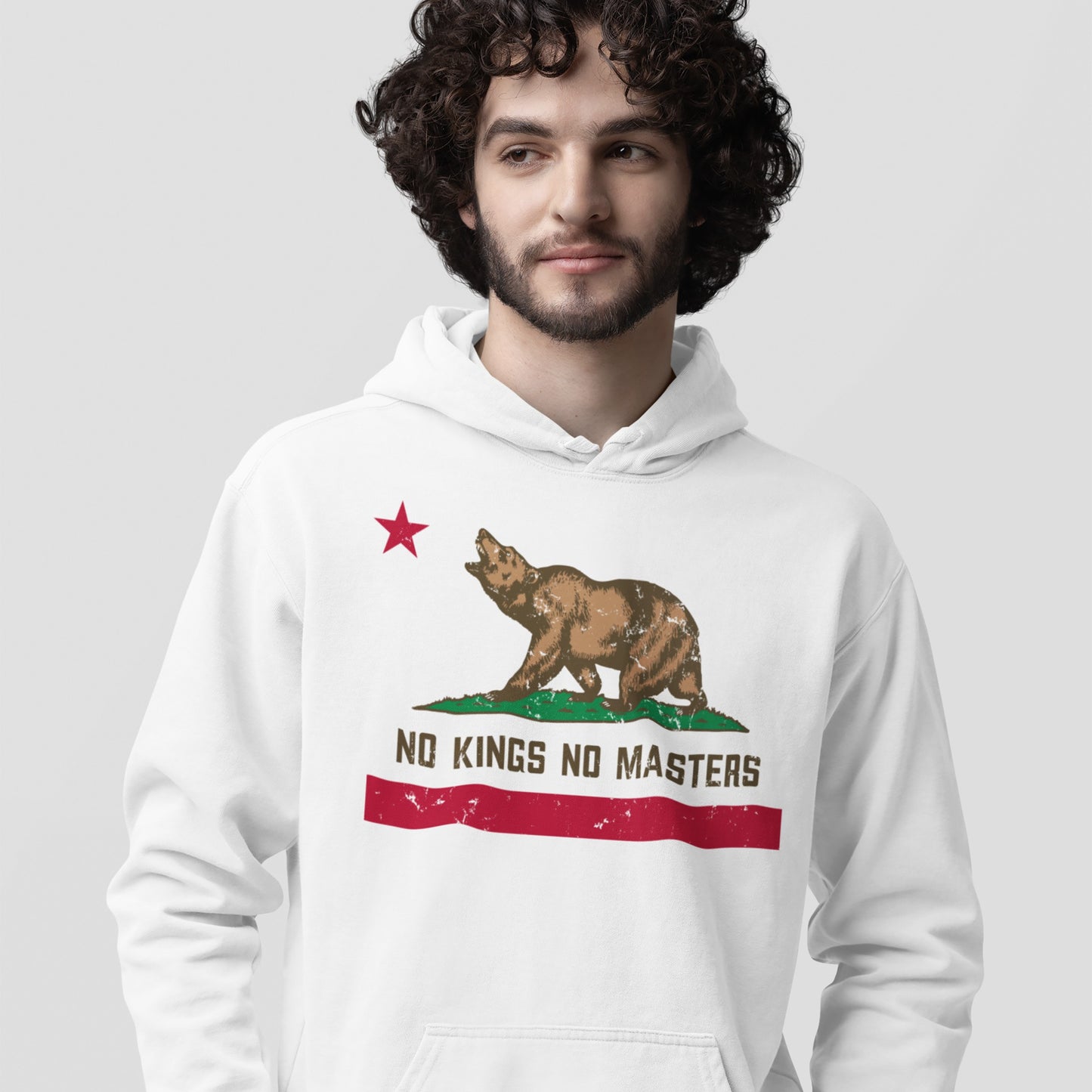 Young man wearing the California No Kings Flag Shirt, featuring a roaring bear and “NO KINGS NO MASTERS” slogan, symbolizing defiance and autonomy. The design supports equality and opposes authoritarianism.