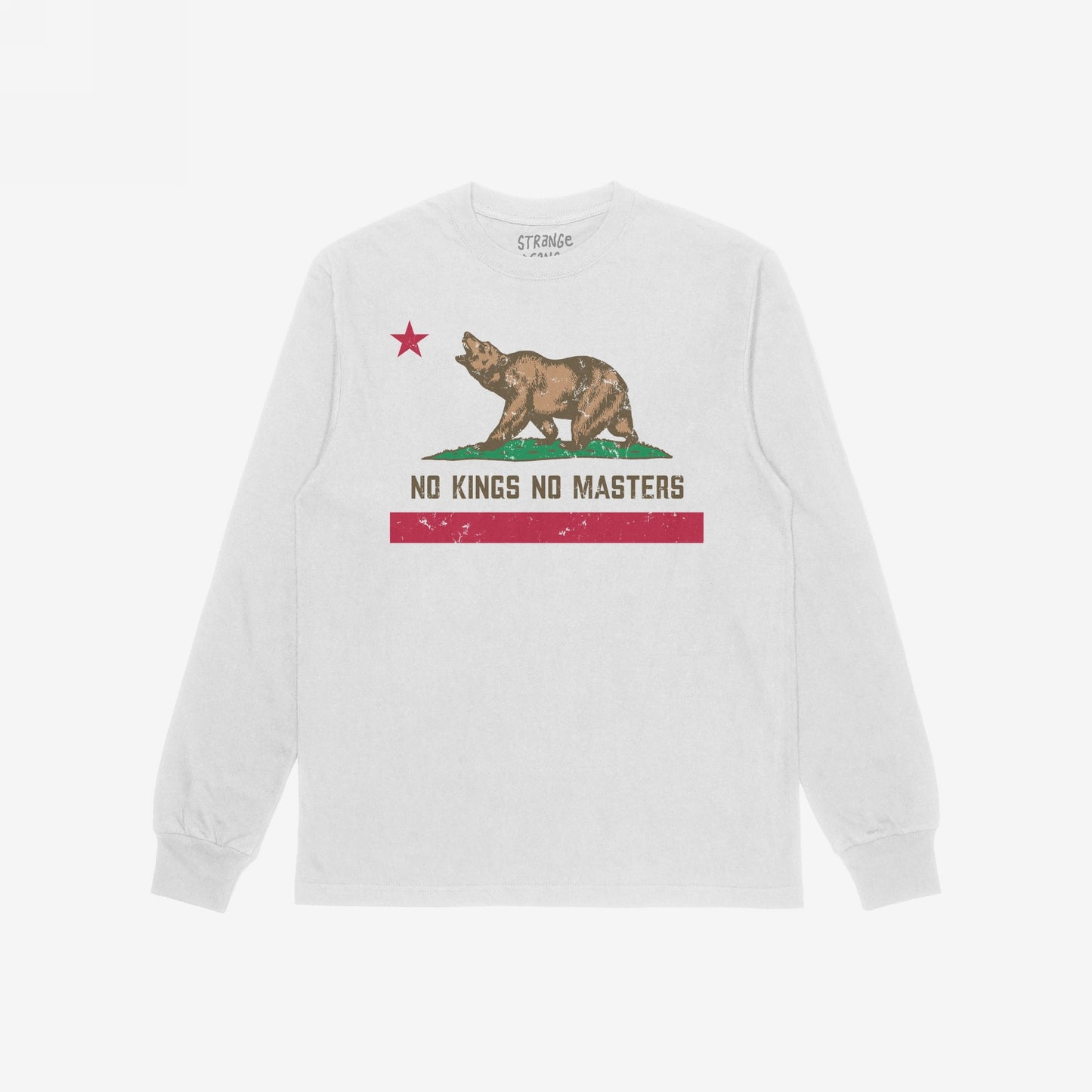 California No Kings Flag Shirt with a distressed California flag design features a roaring bear, red star, and slogan NO KINGS NO MASTERS, symbolizing rebellion and autonomy. Vintage-washed, long-sleeve style.
