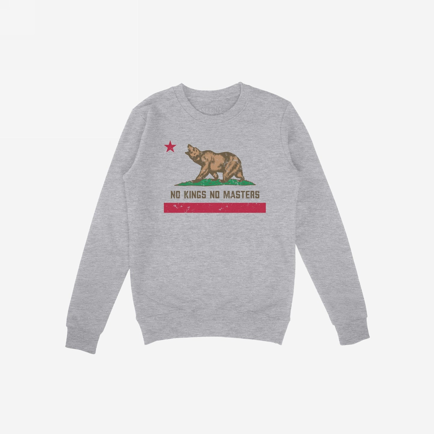 California No Kings Flag Shirt featuring a bear mid-roar with 'NO KINGS NO MASTERS' slogan, echoing the California state flag's layout, symbolizing anti-authoritarianism and power to the people.