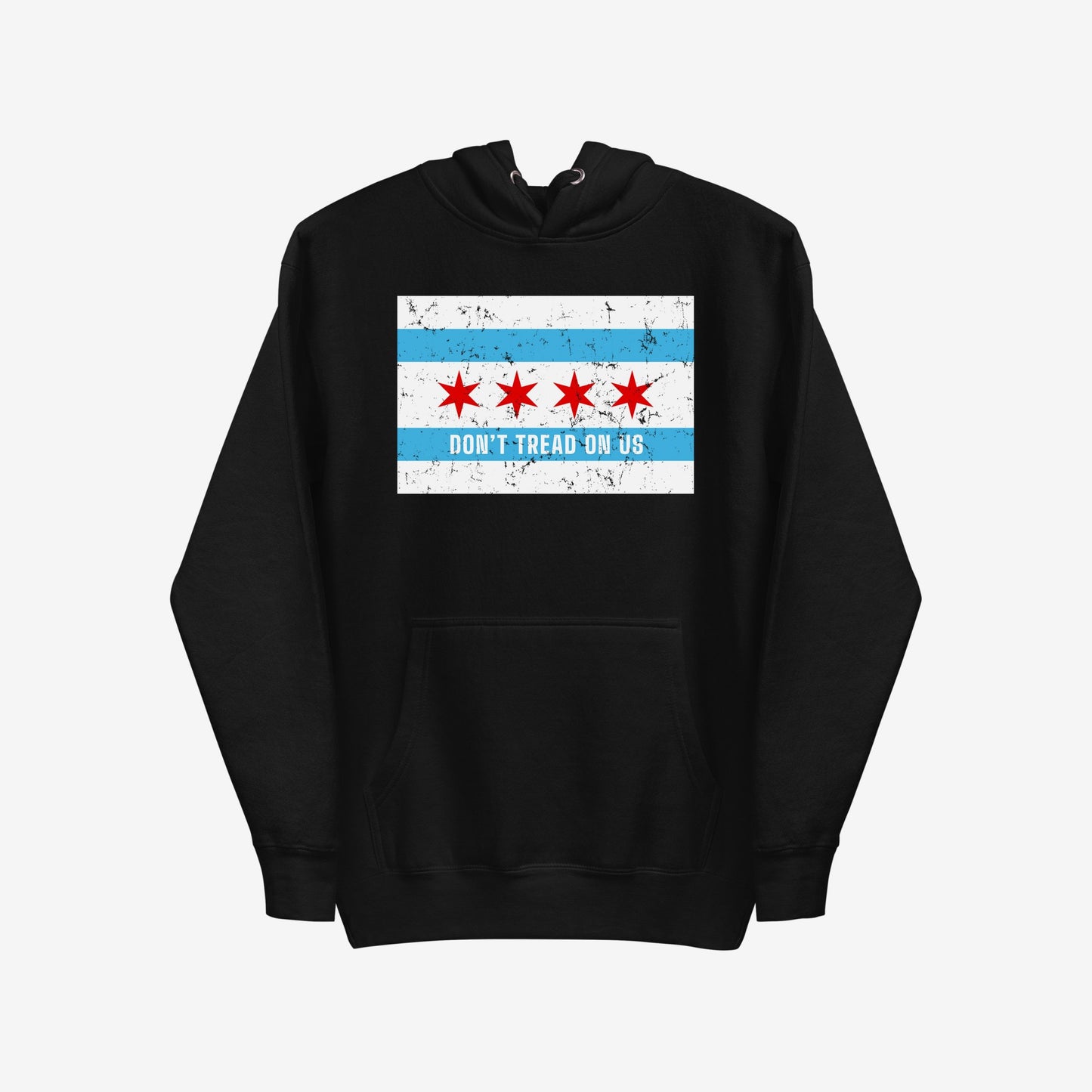 Chicago Gadsden Flag Hoodie & Sweatshirt features a distressed flag-inspired design with “DON’T TREAD ON US” slogan, symbolizing urban pride and resistance, ideal for those advocating equality and justice.
