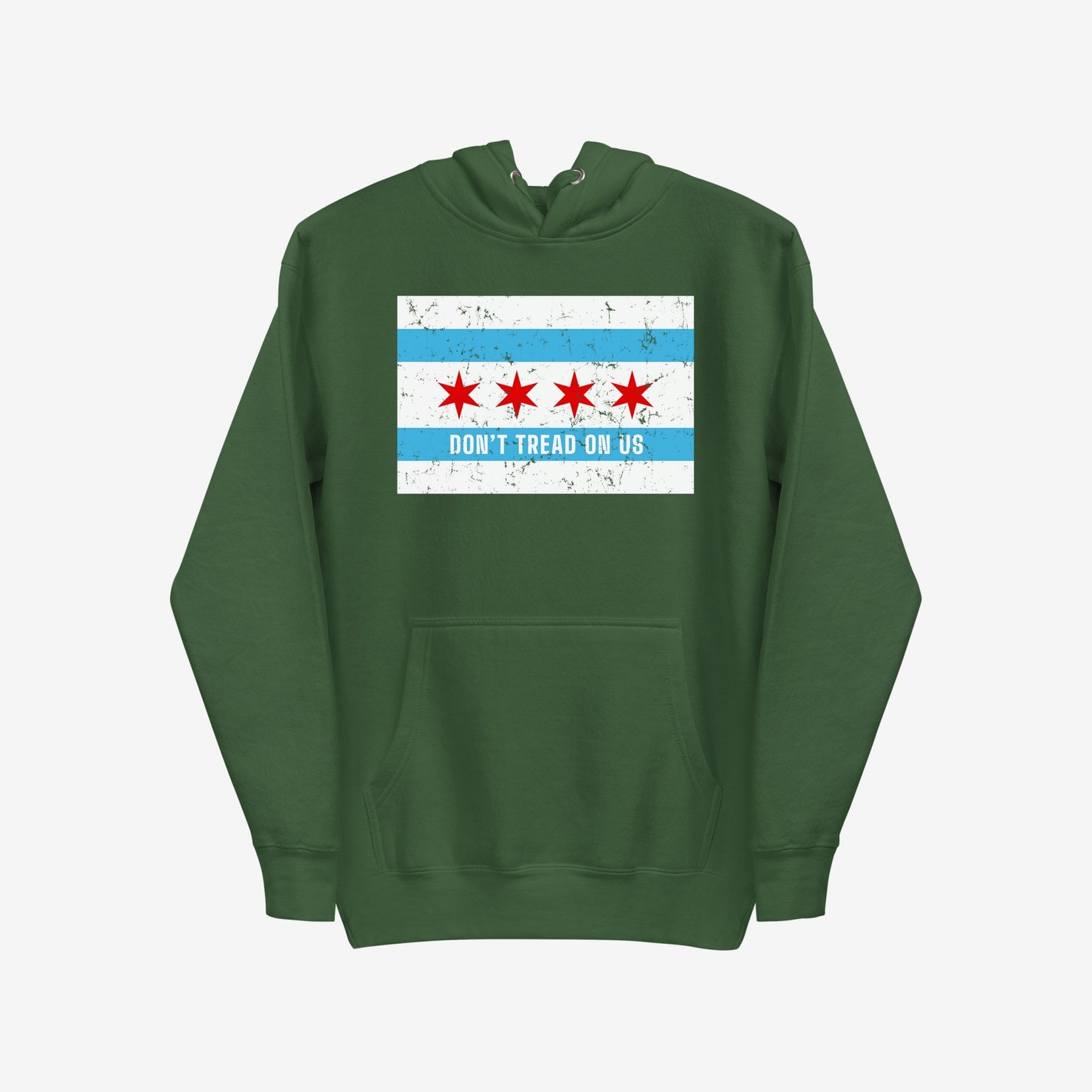 Chicago Gadsden Flag Hoodie & Sweatshirt featuring a Chicago flag-inspired distressed graphic with DON'T TREAD ON US text, symbolizing urban pride and resistance, on a dark-green pullover with kangaroo pocket.
