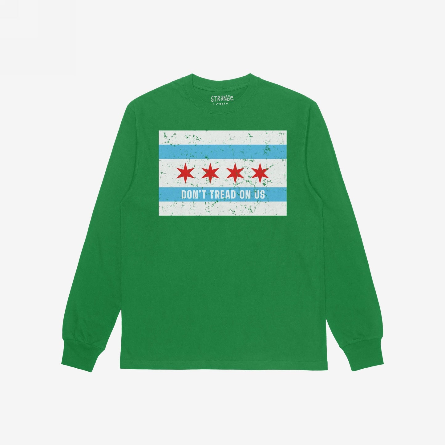 Chicago Gadsden Flag Shirt features a Chicago-flag–style graphic with red stars and blue stripes, plus a distressed DON’T TREAD ON US slogan, symbolizing resistance and community strength.