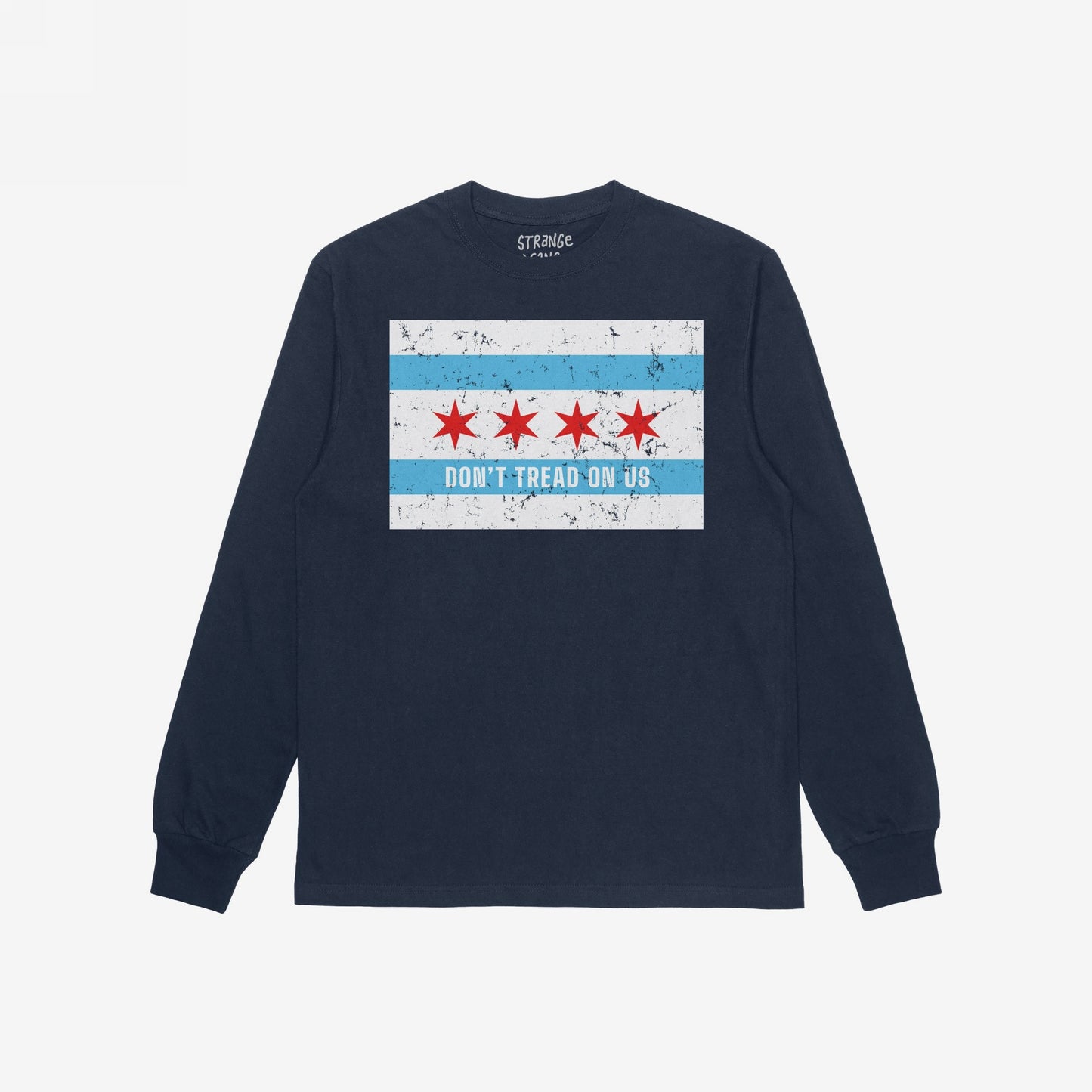 Chicago Gadsden Flag T-shirt featuring a distressed Chicago flag graphic with DON’T TREAD ON US slogan, embodying civic pride and resistance. Ideal for those challenging oppression and valuing equality.