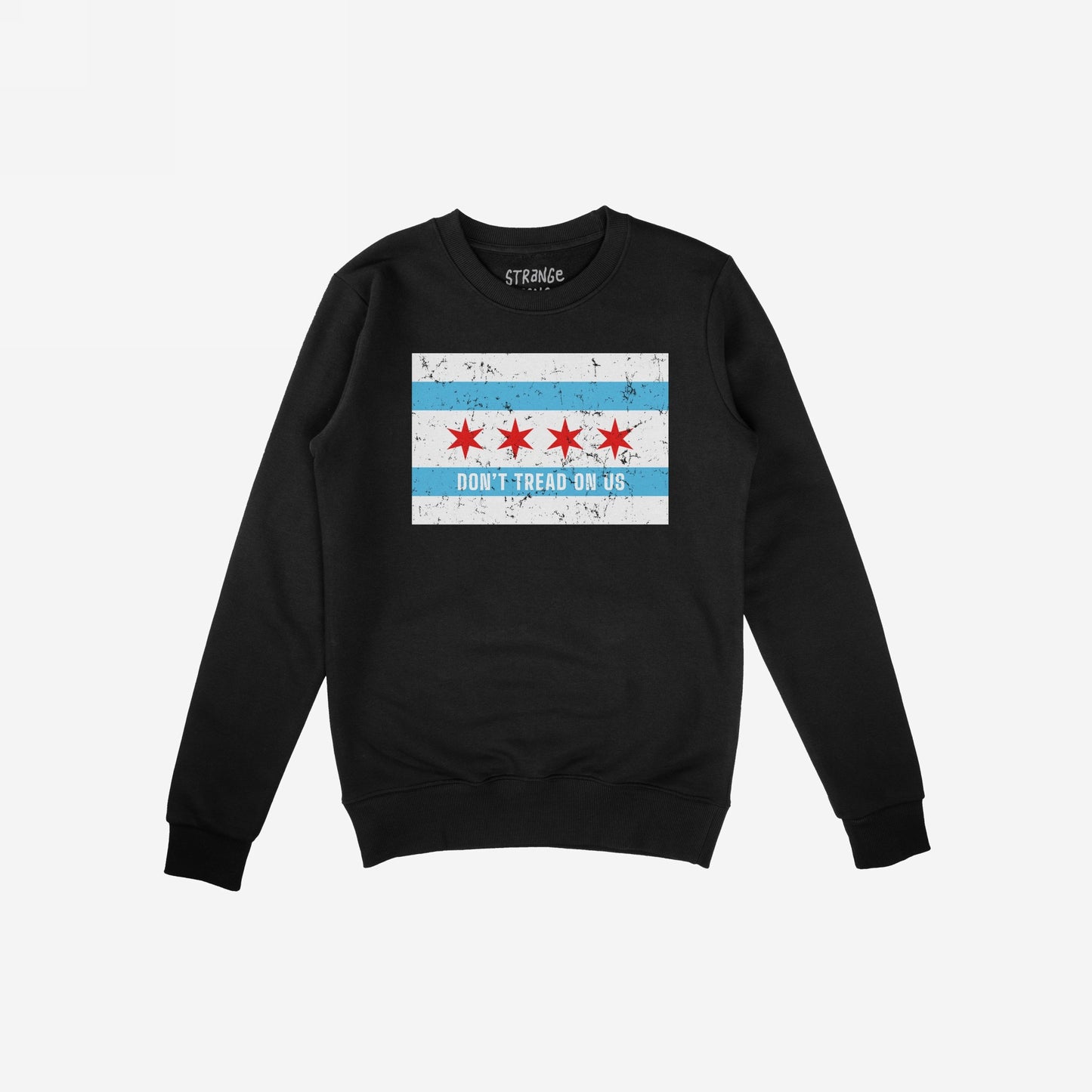 Chicago Gadsden Flag Shirt with a distressed Chicago city flag graphic and DON’T TREAD ON US slogan, symbolizing resistance and community strength. Supports Illinois Coalition for Immigrant & Refugee Rights.