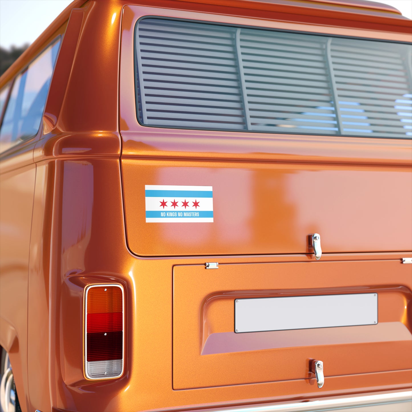 Chicago Flag No Kings Sticker & Magnet on a retro orange van's rear, featuring a Chicago flag design with NO KINGS NO MASTERS slogan, symbolizing Chicago pride and a stance against oppression.