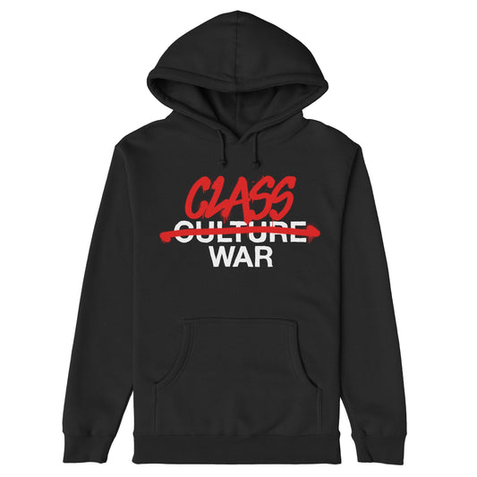 Class War Hoodie features raw graffiti-style lettering with Class over Culture and War below, symbolizing societal struggles. Designed for activists, it includes a kangaroo pocket and drawstring hood.