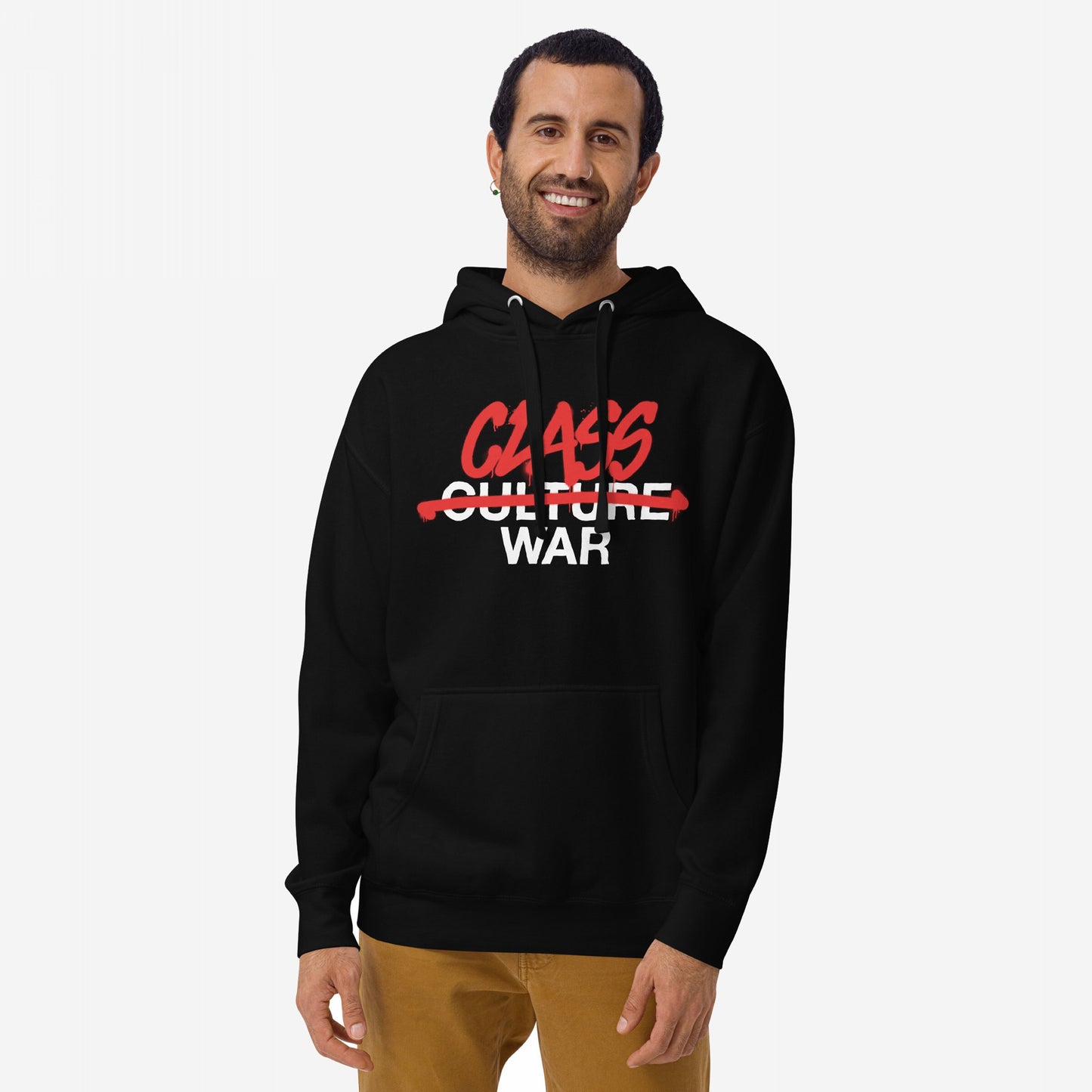 Class War Hoodie features bold graffiti-style lettering with Class War over Culture War, worn by a male model. A statement piece for activists, embodying resistance and truth.
