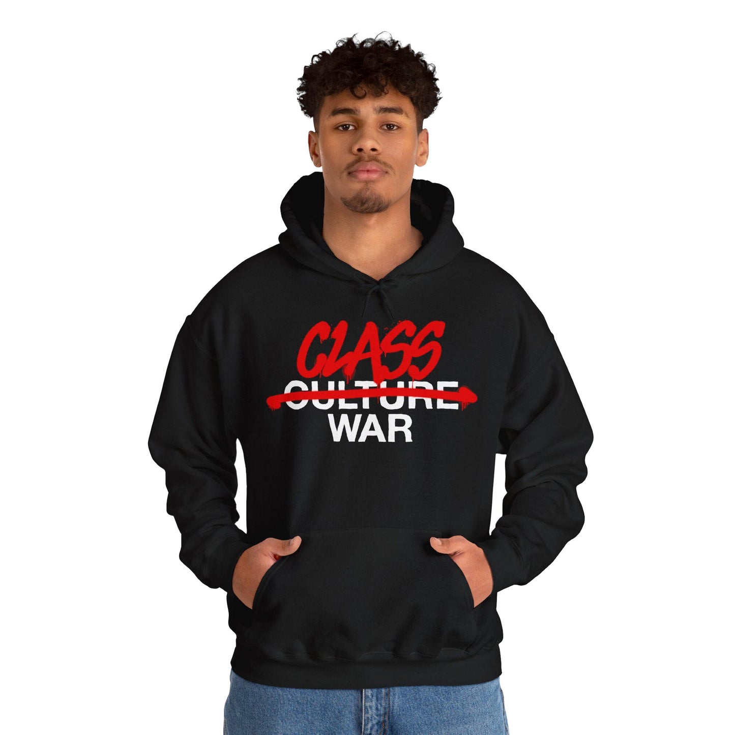 Class War Hoodie features bold graffiti-style lettering with Class War over Culture War, worn by a male model. A statement piece for activists, embodying resistance and truth.