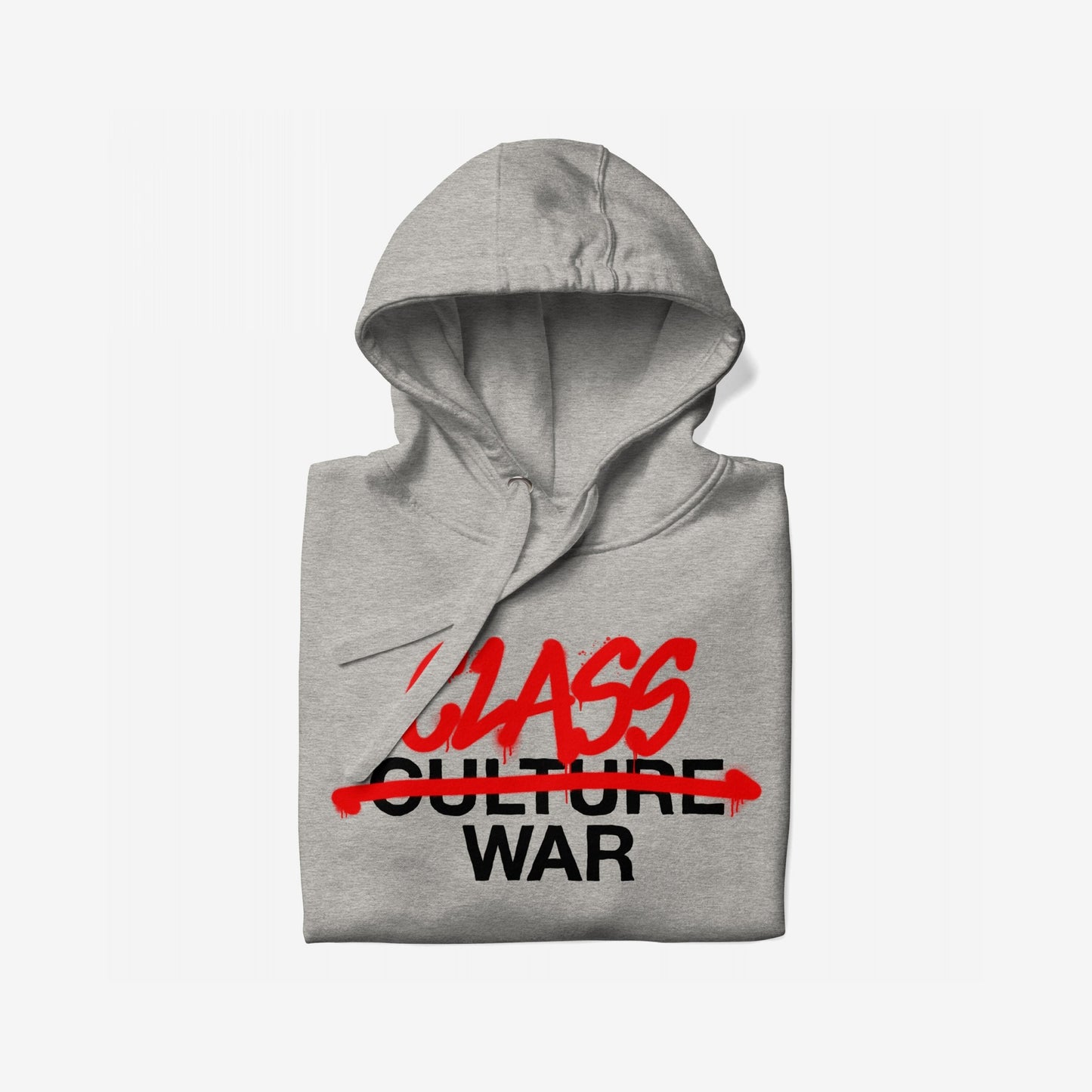 Class War Hoodie & Sweatshirt featuring a bold typographic design with CULTURE struck through in red, overlain by CLASS in graffiti-style red, and WAR below, embodying defiance and activism.
