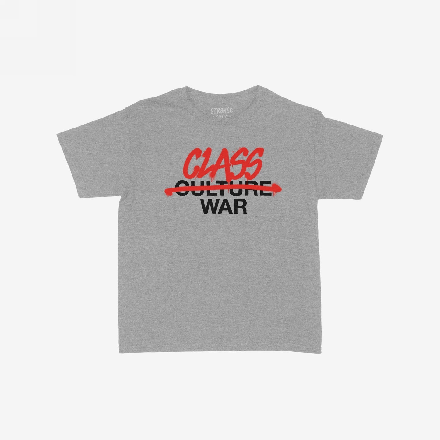 Class War T-shirt featuring bold, graffiti-style text with “culture” struck through and replaced by “class” in red, embodying a statement against false narratives and supporting equality.
