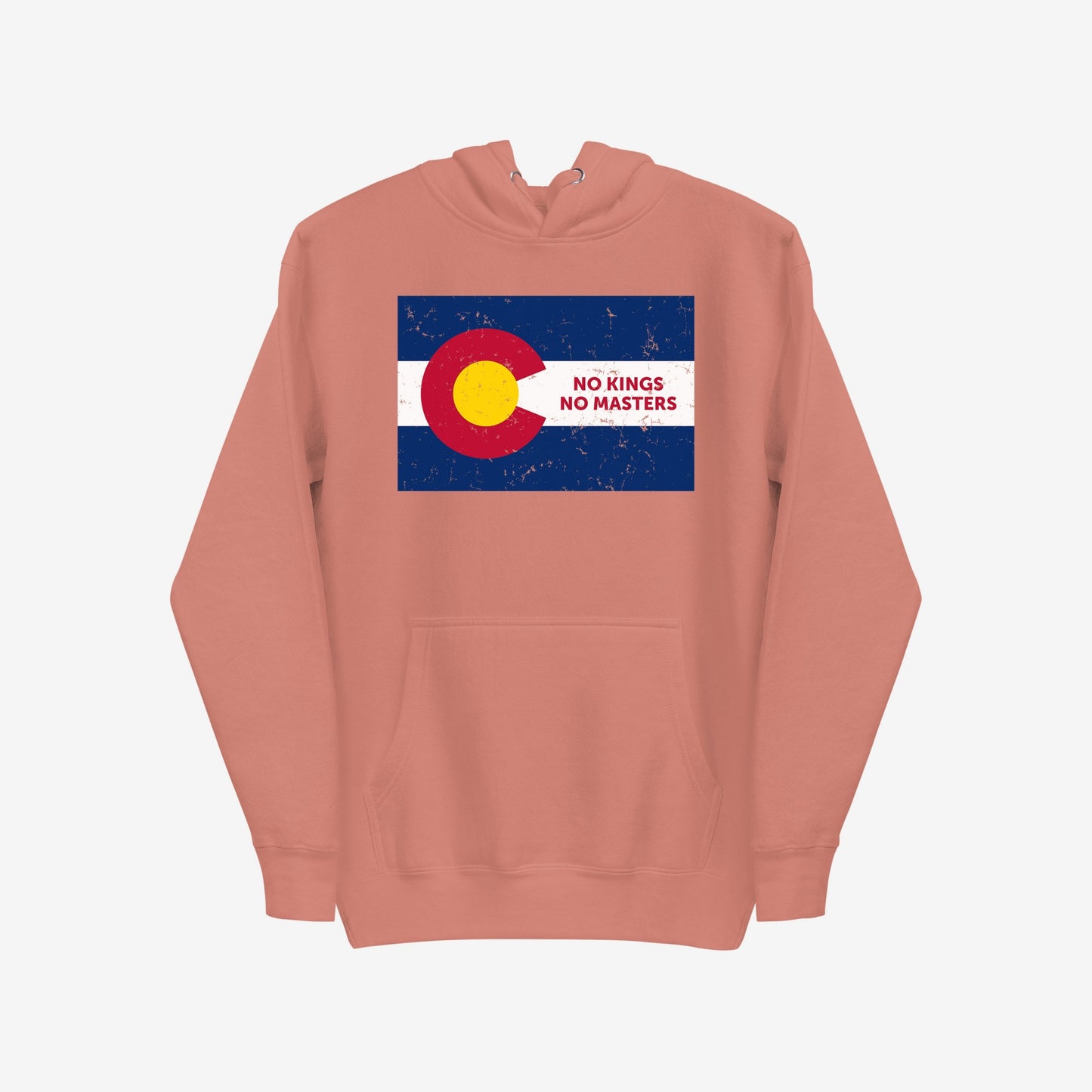 Colorado No Kings Flag Hoodie & Sweatshirt featuring a distressed Colorado flag graphic and NO KINGS NO MASTERS slogan, capturing rebellious state pride and independence. Ideal for those valuing freedom and equality.
