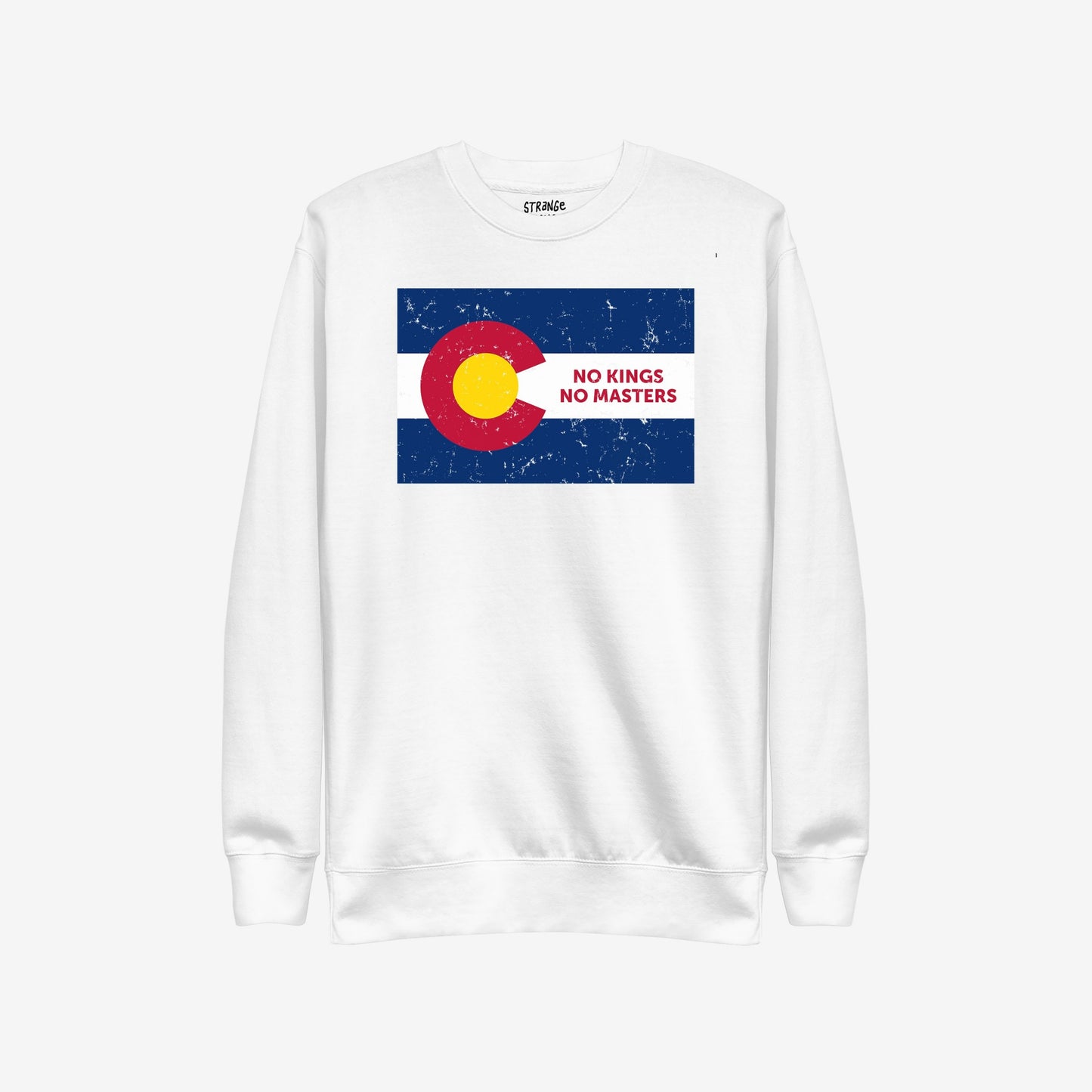The Colorado No Kings Flag Hoodie & Sweatshirt features a distressed Colorado flag graphic with the bold message “NO KINGS NO MASTERS,” embodying a spirit of defiance and independence.