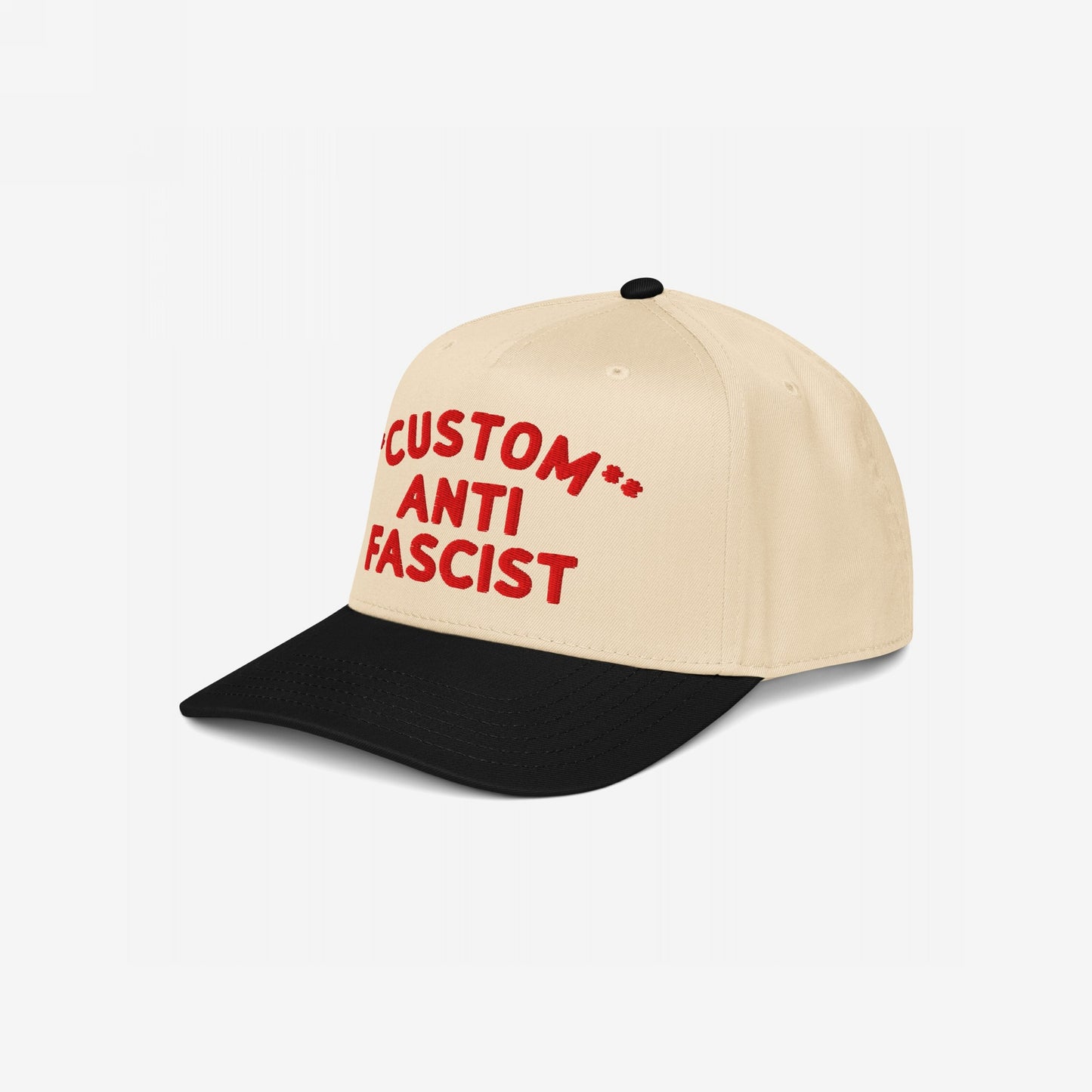 Custom Anti-Fascist 5-Panel Hat with a beige crown and black visor, featuring bold red CUSTOM ANTI FASCIST embroidery, offering a personalized, activist statement with adjustable snapback closure.