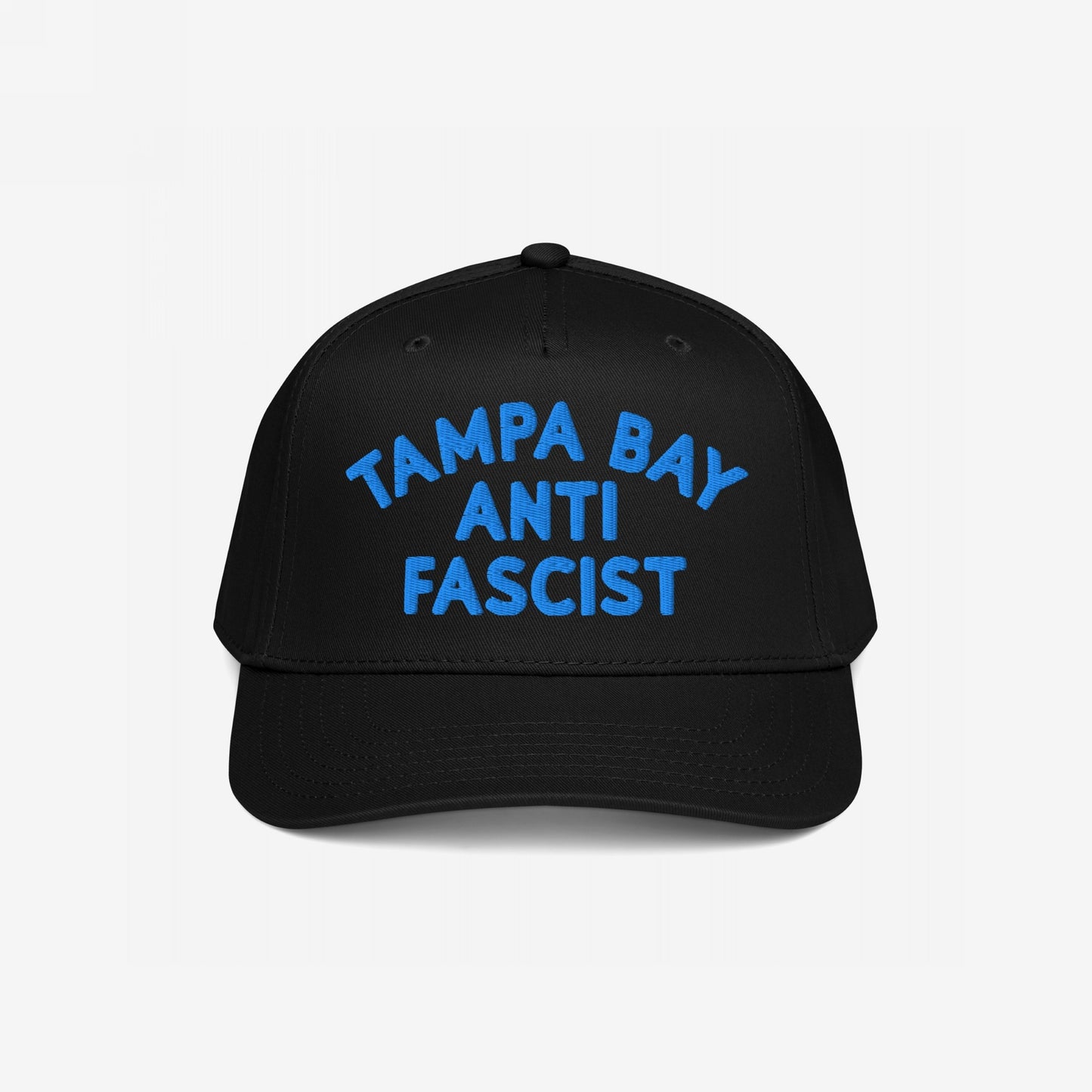 Custom Anti-Fascist 5-Panel Hat featuring bold blue TAMPA BAY ANTI FASCIST embroidery on the front, showcasing a structured design with a semi-curved visor and adjustable snapback for a comfortable, statement-making fit.